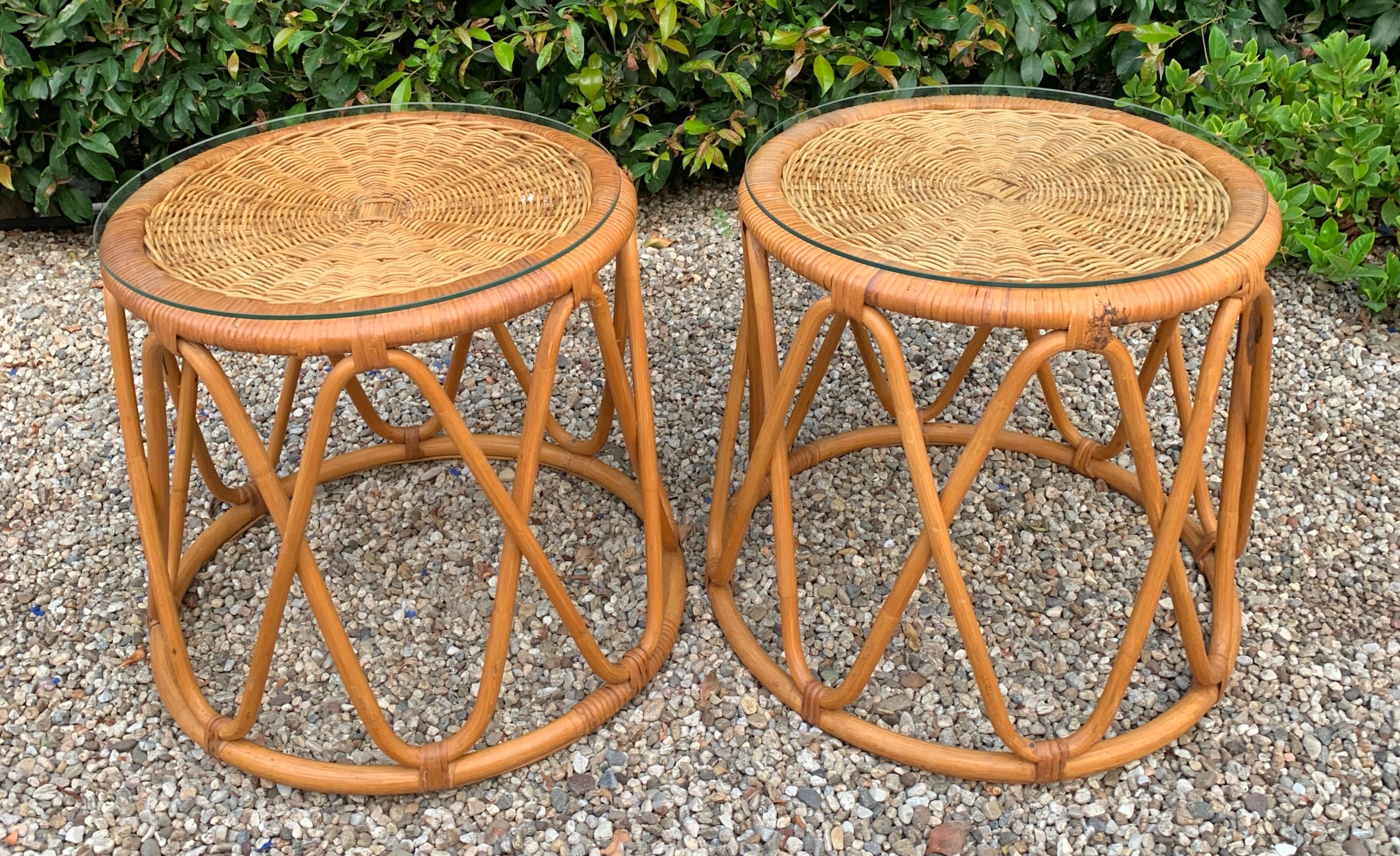 Pair of Rattan Tables with Woven Top and Glass 1