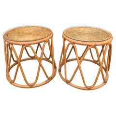 Pair of Rattan Tables with Woven Top and Glass