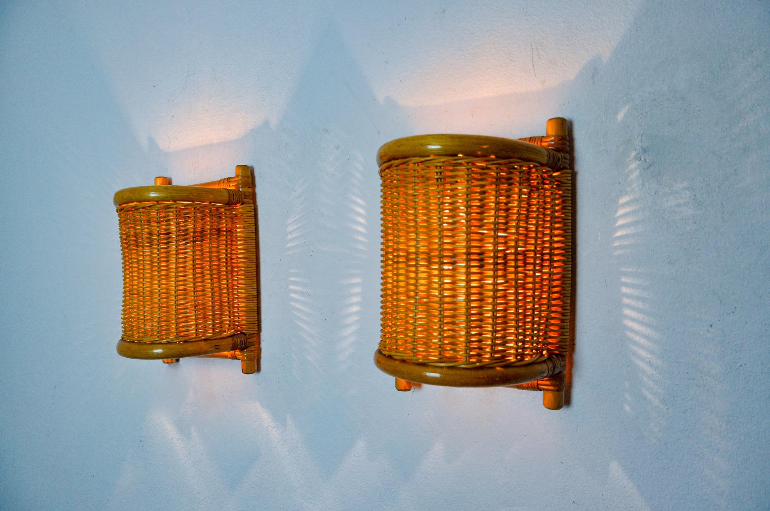 Pareja de apliques de ratán, Francia, 1960 en Bueno estado para la venta en BARCELONA, ES