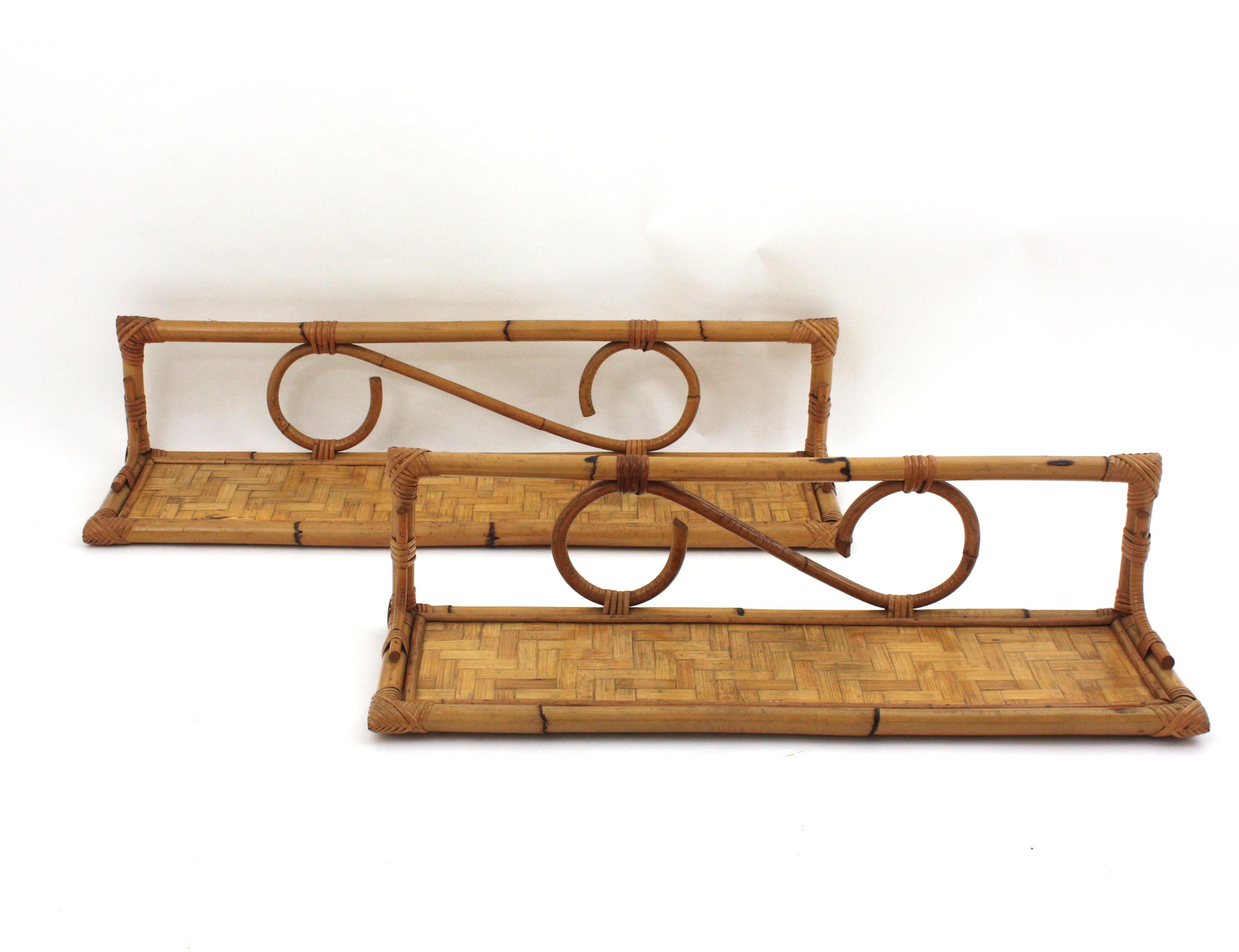 Pair of Rattan Wall Shelves with Woven Accents, Italy 1960s For Sale 2