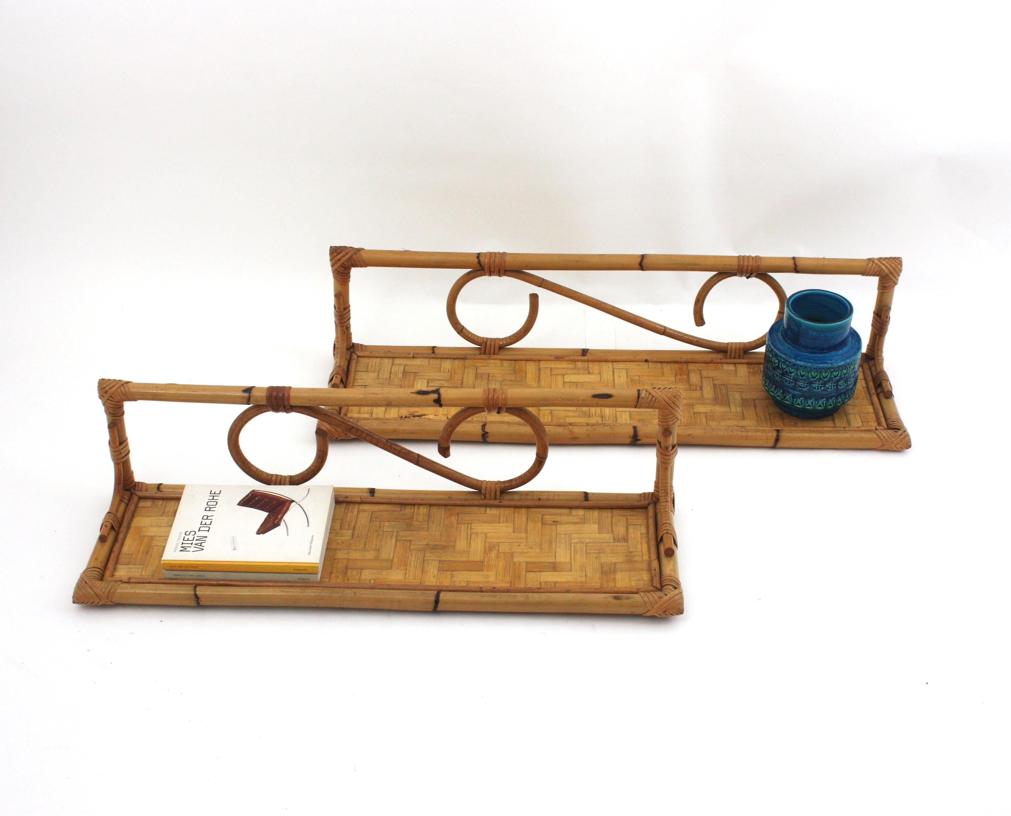 Pair of Rattan Wall Shelves with Woven Accents, Italy 1960s For Sale 3