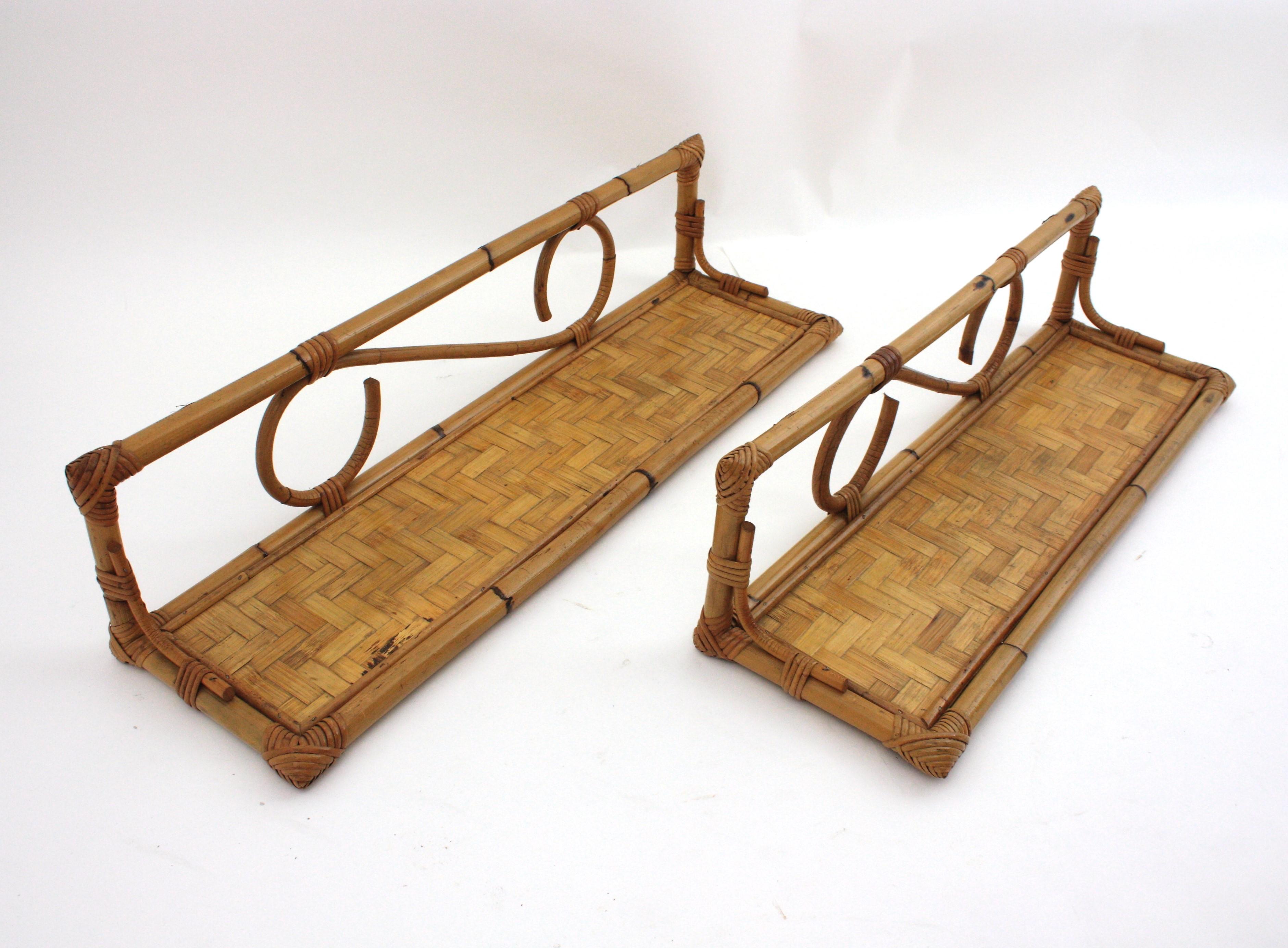 Pair of Rattan Wall Shelves with Woven Accents, Italy 1960s For Sale 4
