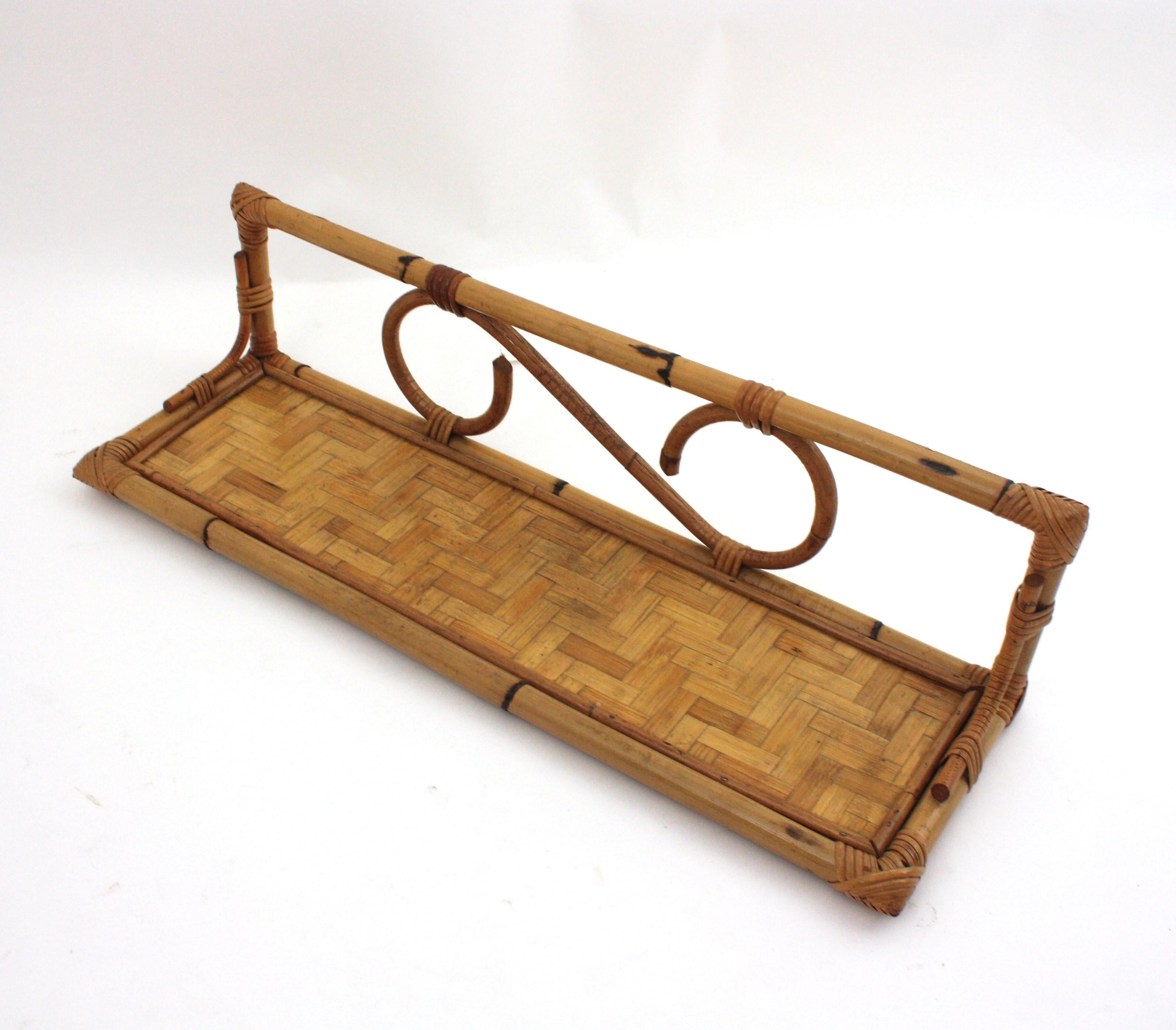 Pair of Rattan Wall Shelves with Woven Accents, Italy 1960s For Sale 7