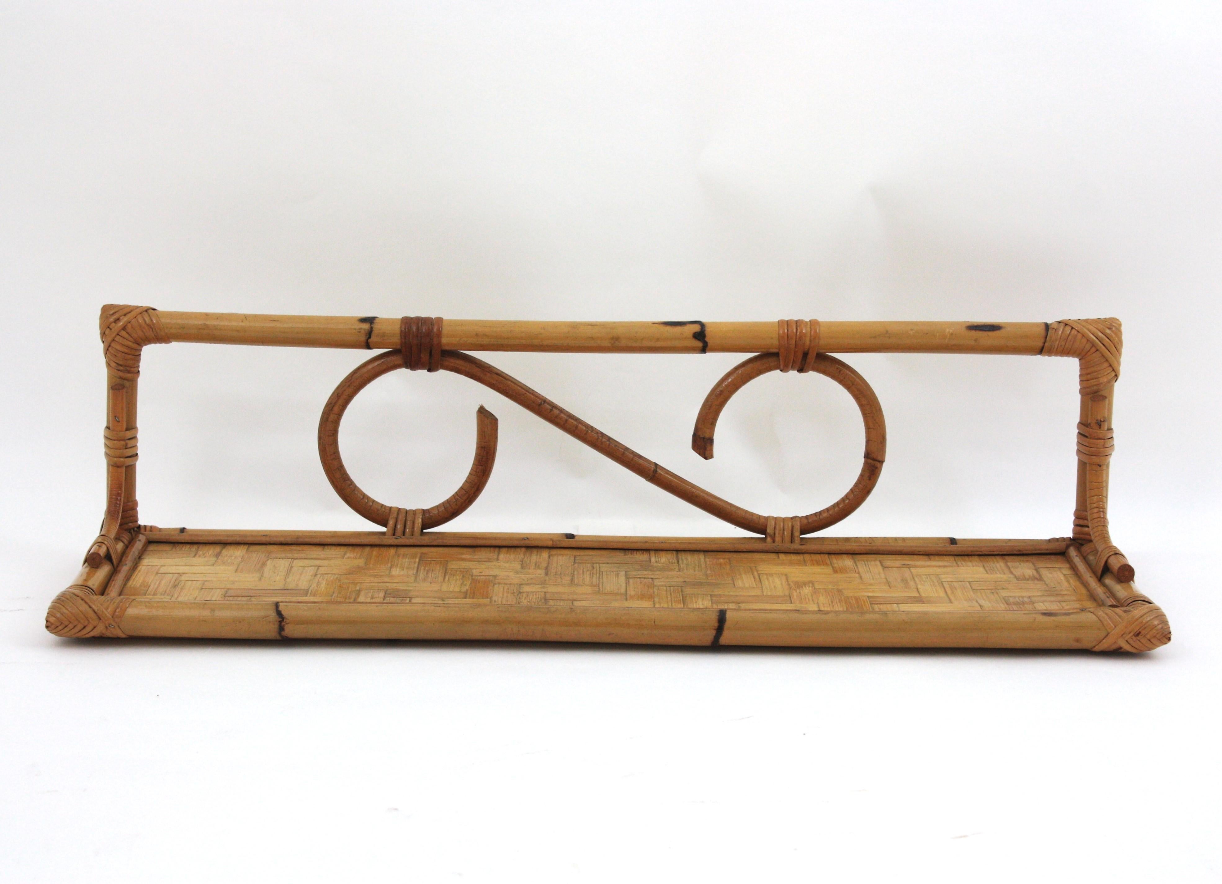 Pair of Rattan Wall Shelves with Woven Accents, Italy 1960s For Sale 8