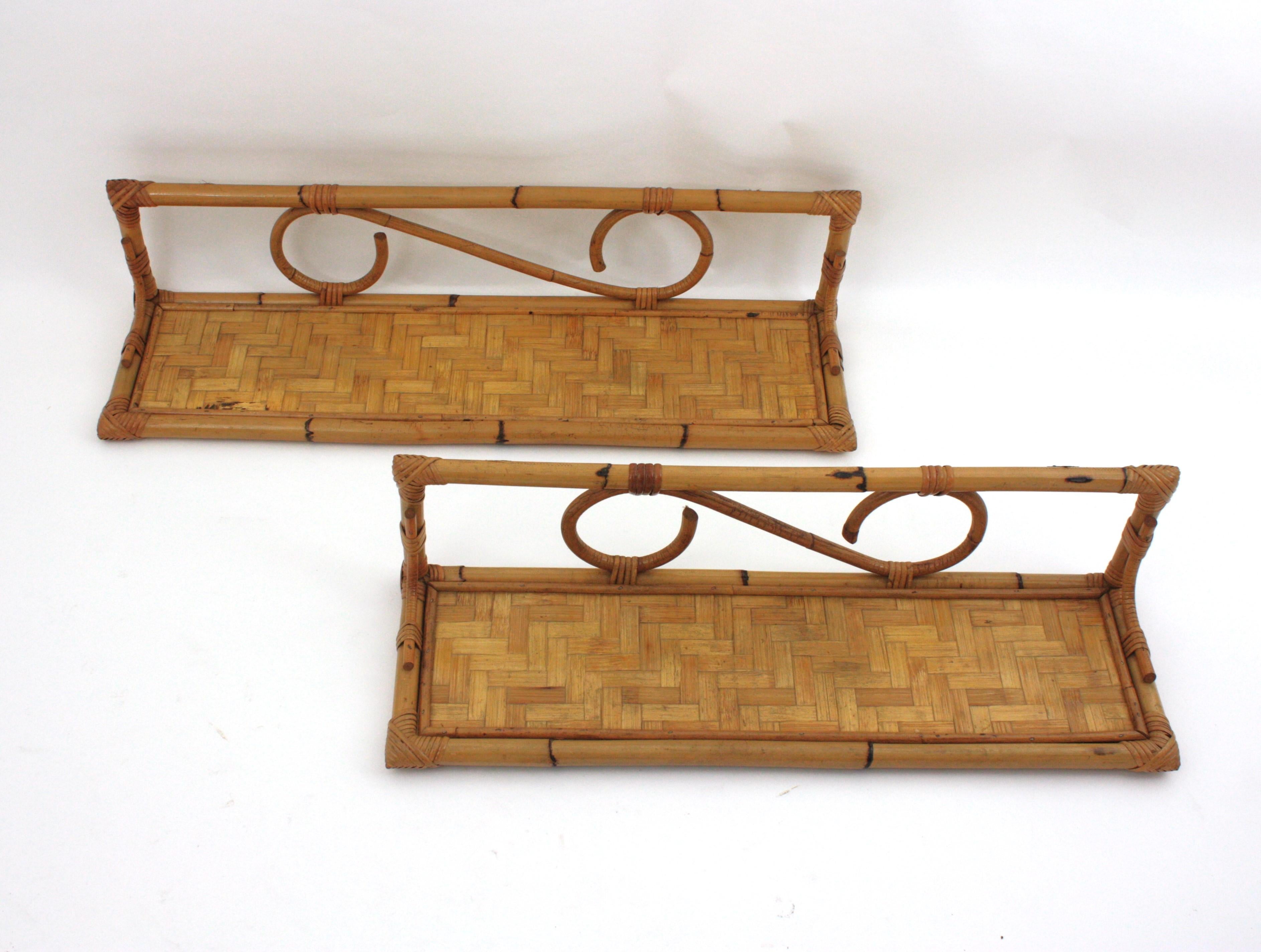 Italian Pair of Rattan Wall Shelves with Woven Accents, Italy 1960s For Sale