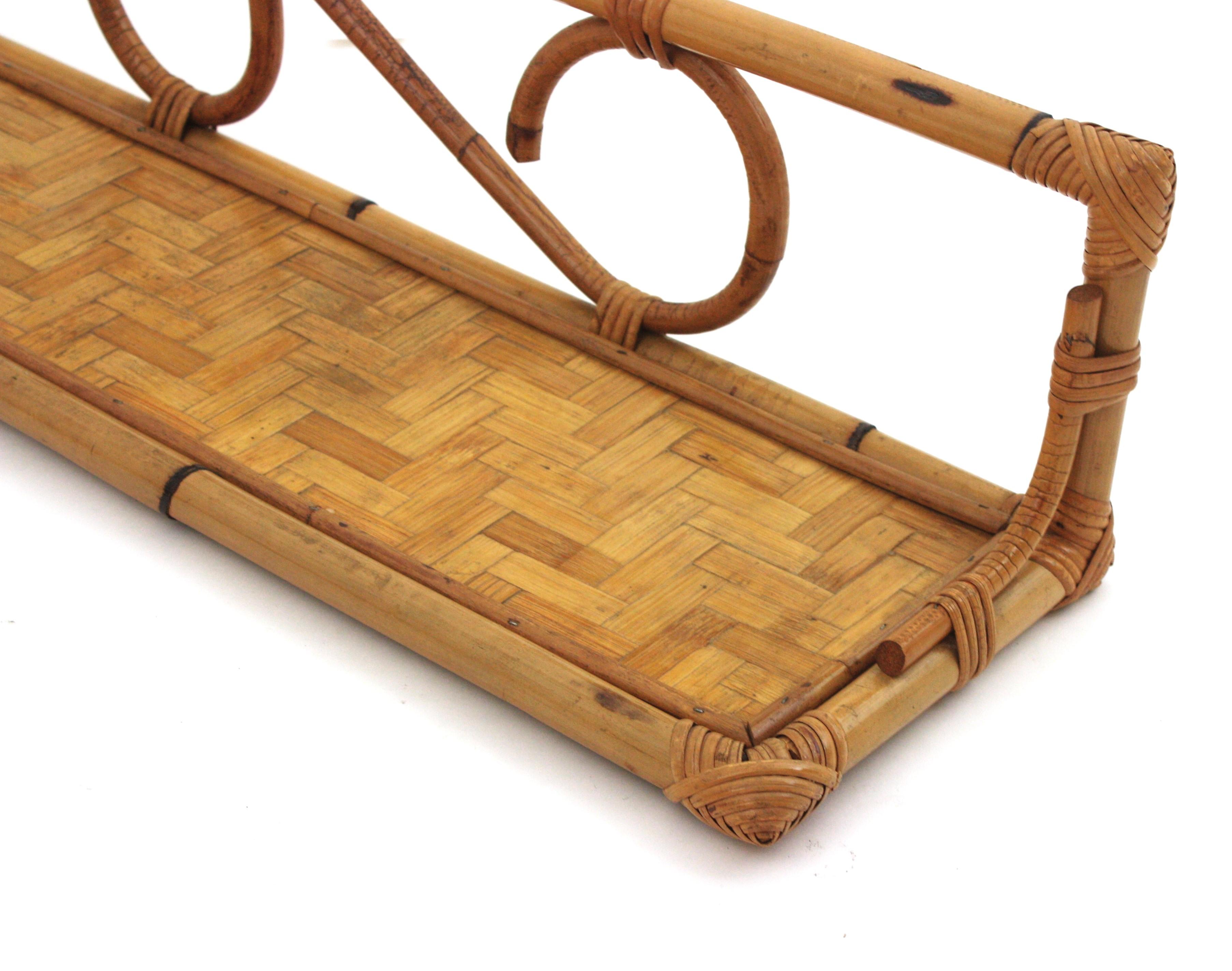 Hand-Crafted Pair of Rattan Wall Shelves with Woven Accents, Italy 1960s For Sale