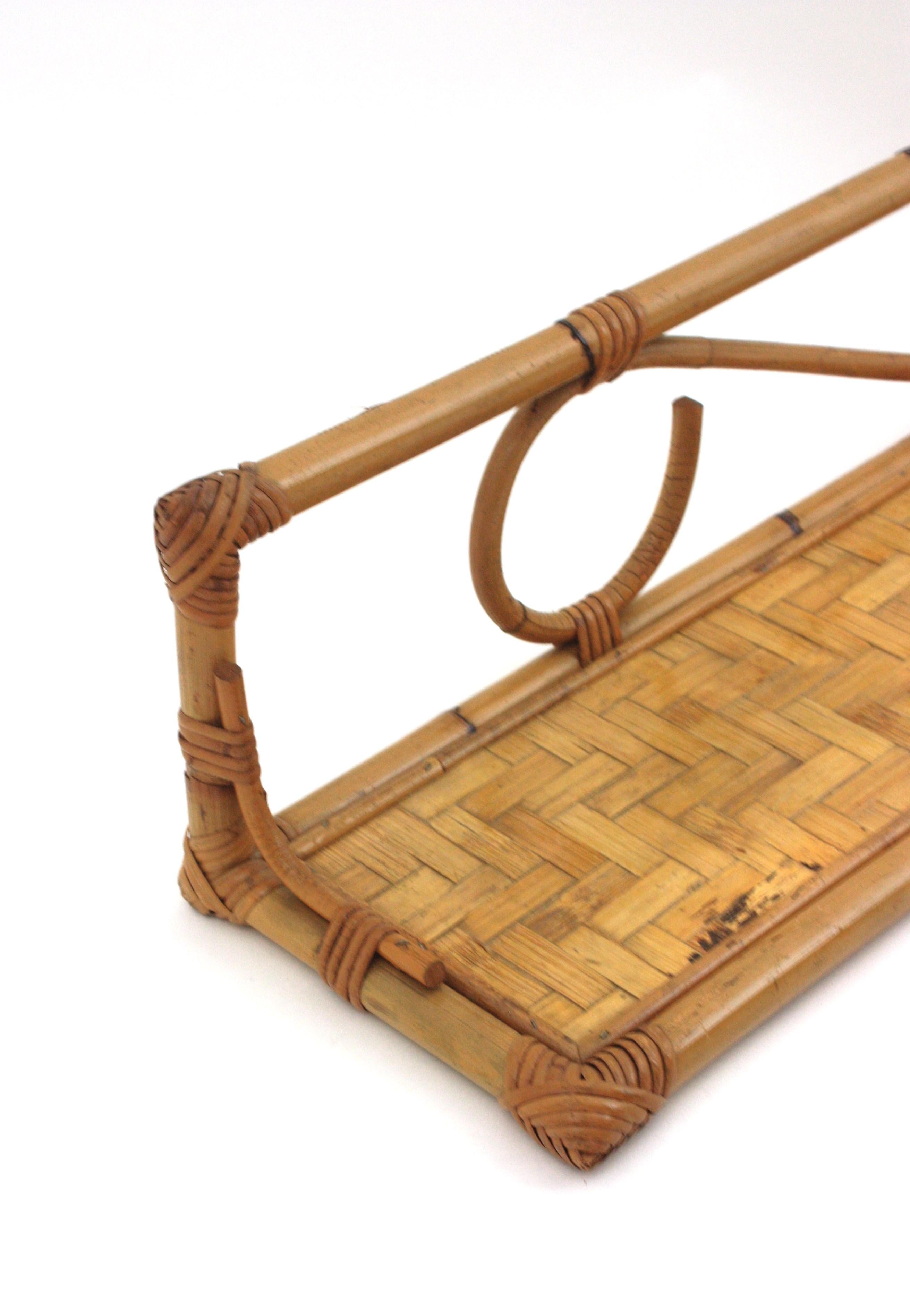 Pair of Rattan Wall Shelves with Woven Accents, Italy 1960s For Sale 1