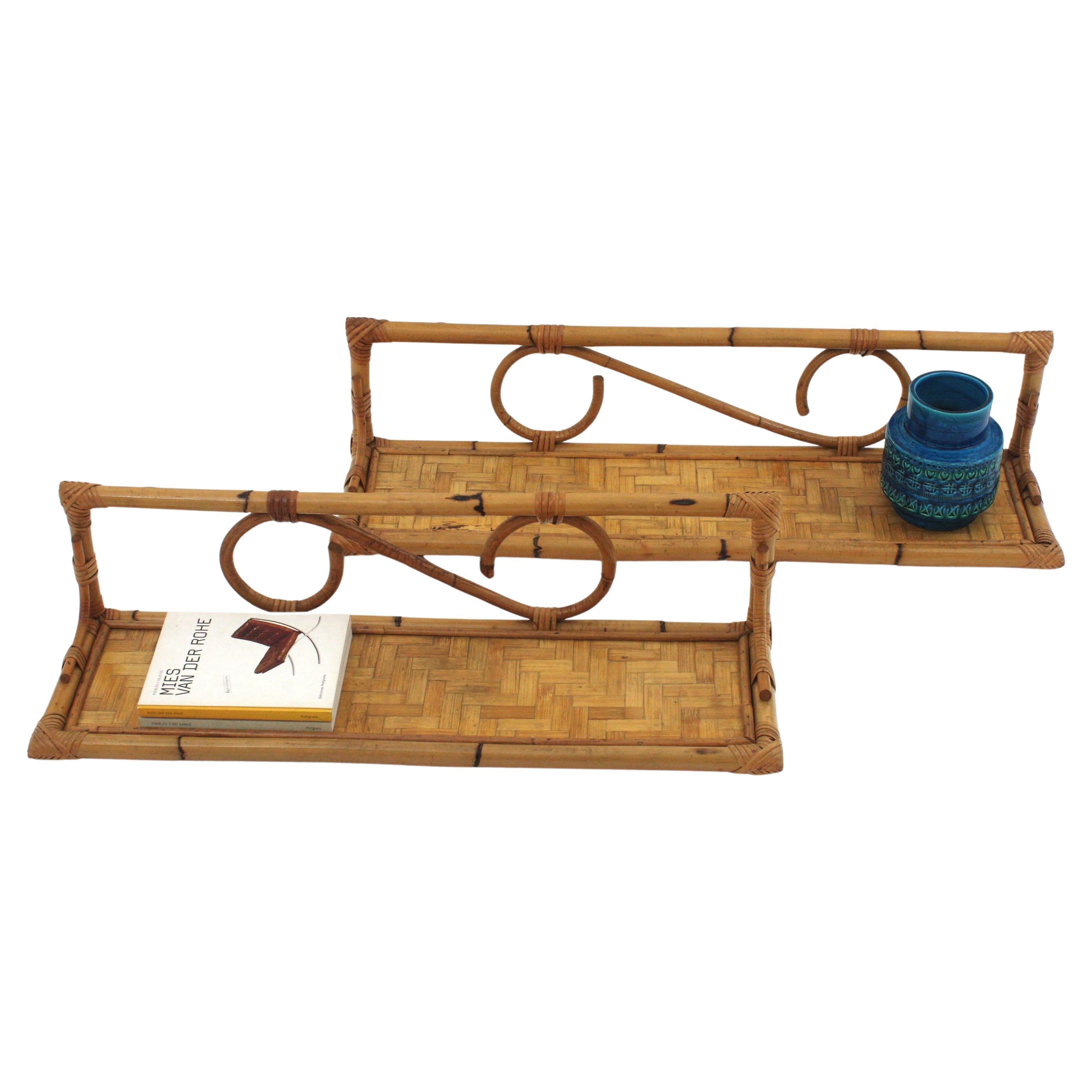 Pair of Rattan Wall Shelves with Woven Accents, Italy 1960s For Sale