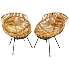 Pair of Rattan, Wicker and Iron Armchairs, France, 1960s