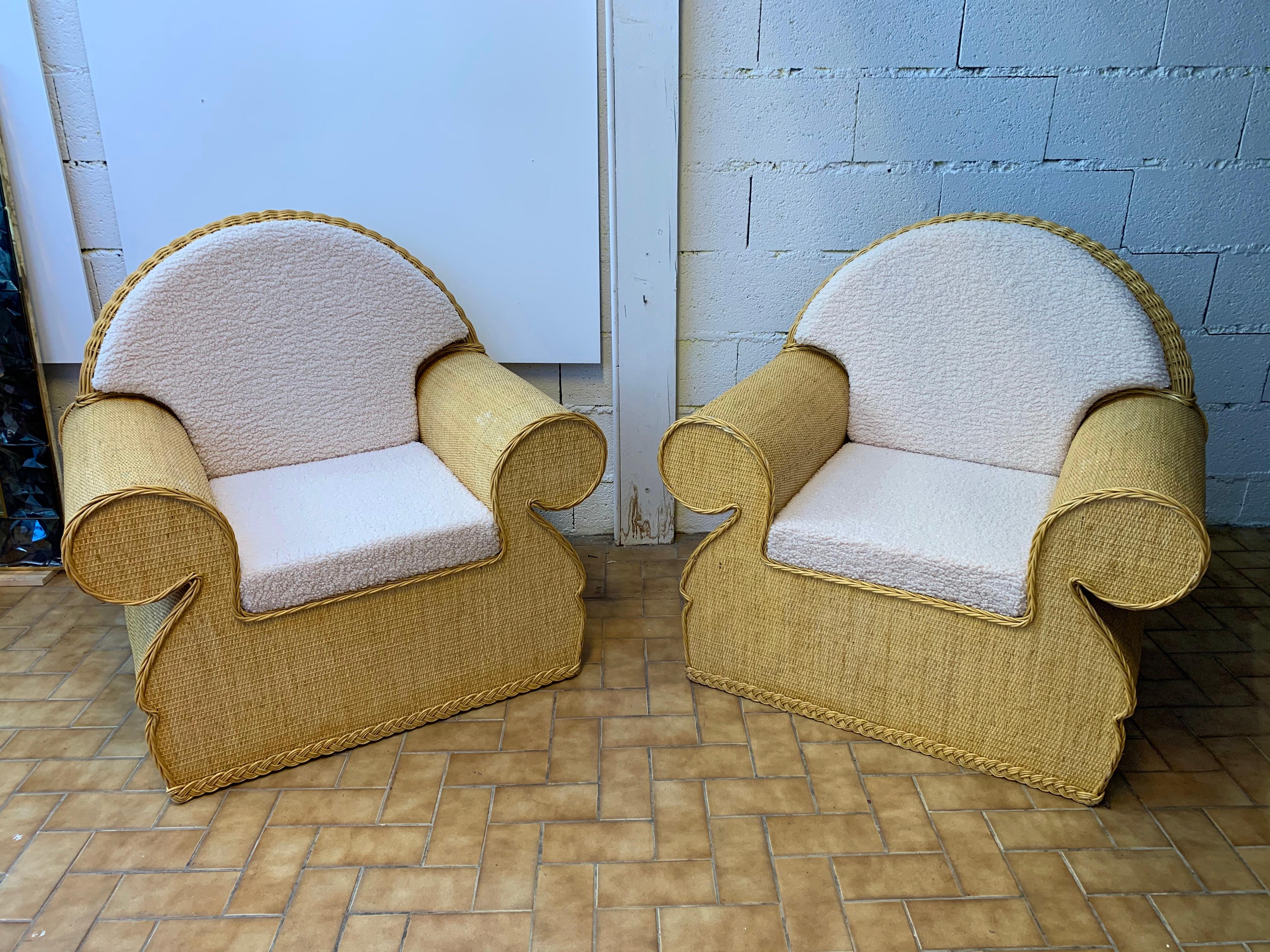 Late 20th Century Pair of Rattan Wicker Club Armchairs, Italy, 1970s