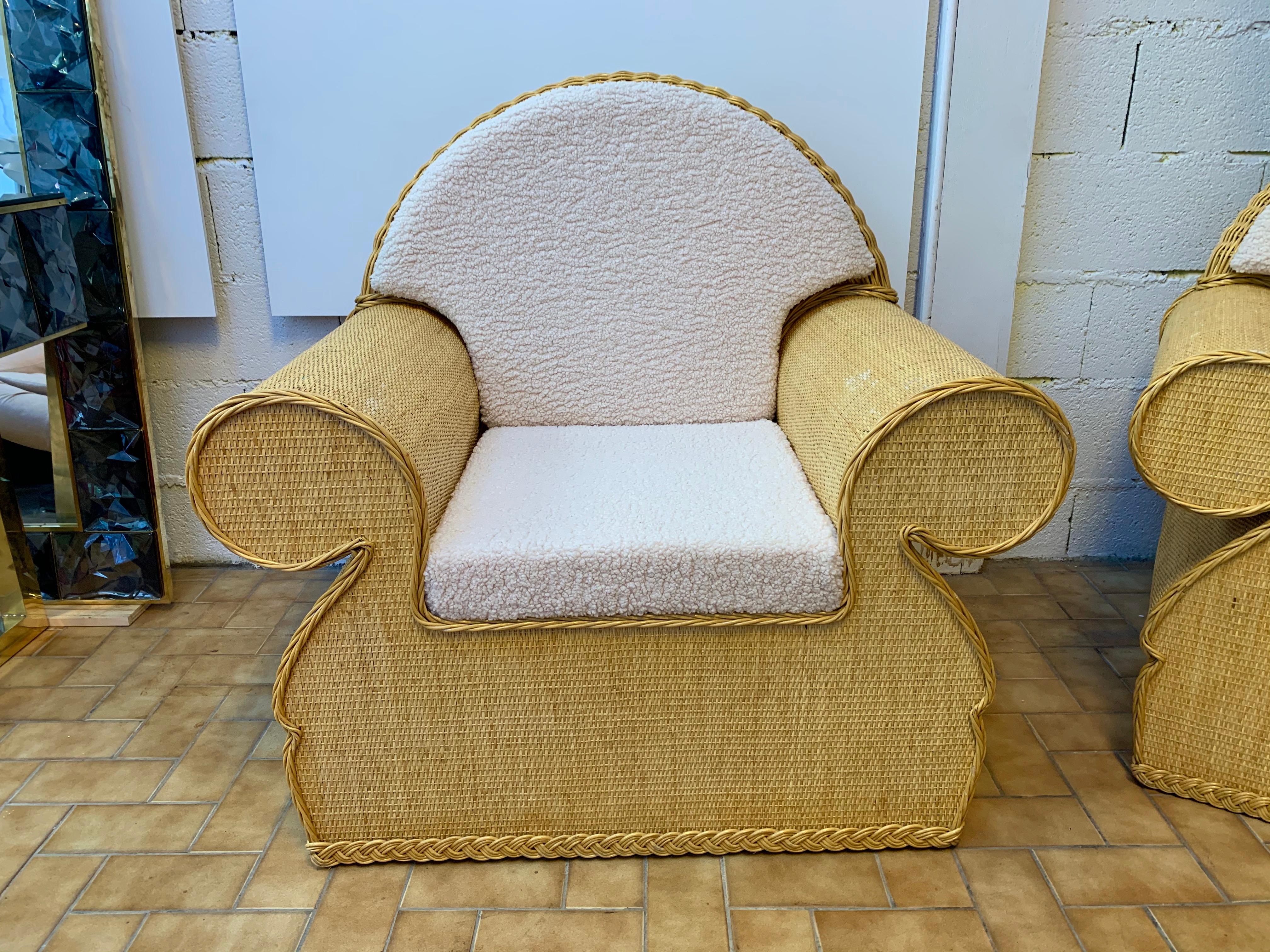 Pair of Rattan Wicker Club Armchairs, Italy, 1970s 2