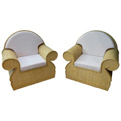 Pair of Rattan Wicker Club Armchairs, Italy, 1970s
