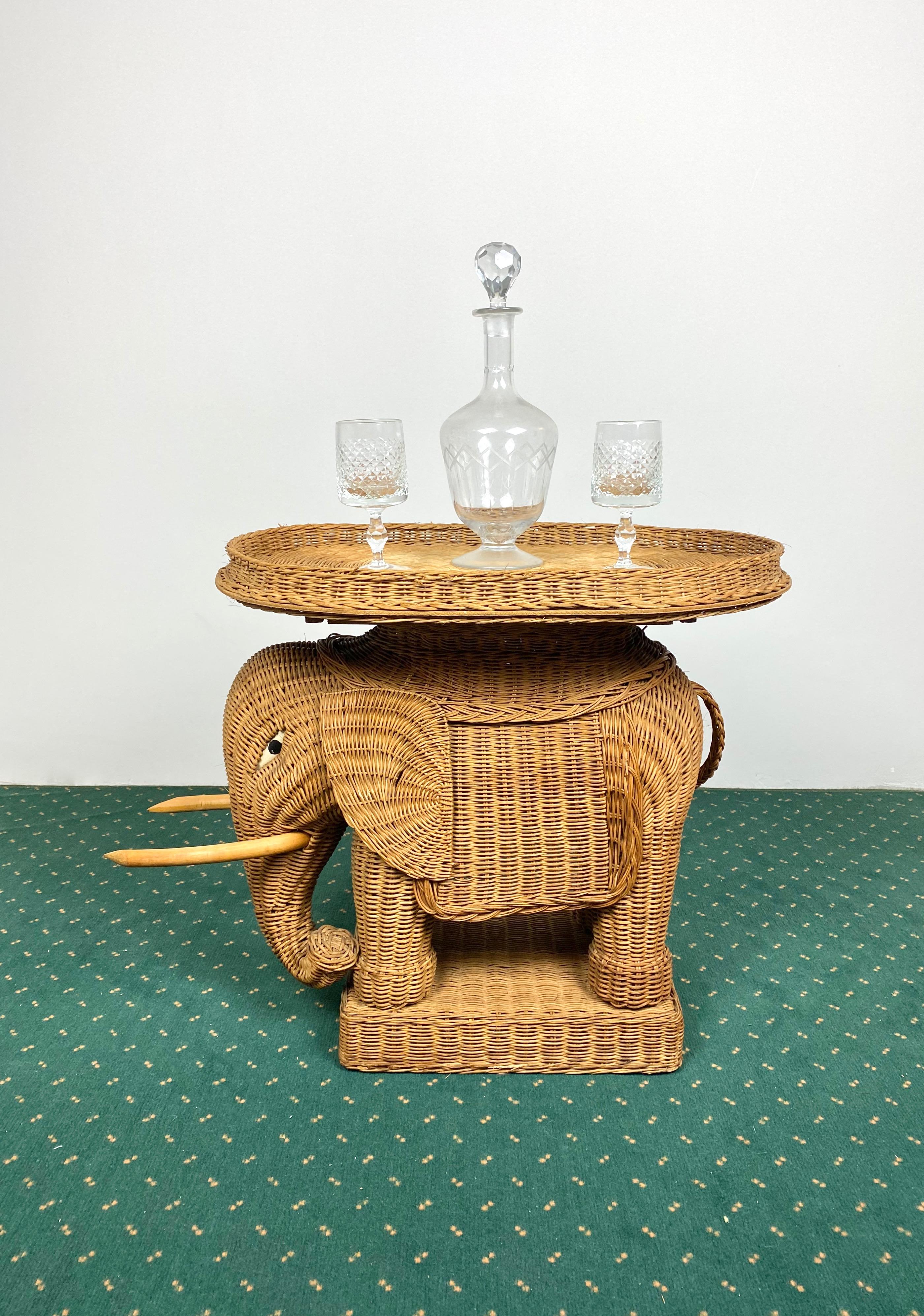 Pair of Rattan Wicker Elephant Tray Tables and Side Tables, France, 1960s 4