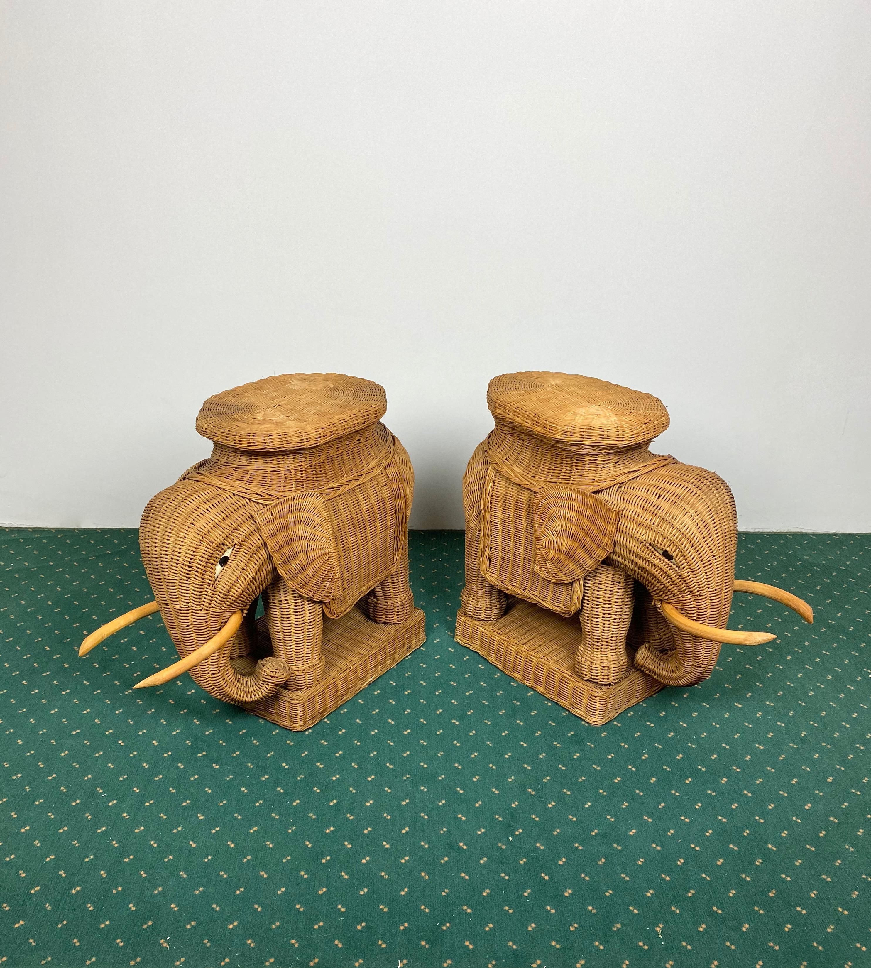 Pair of Rattan Wicker Elephant Tray Tables and Side Tables, France, 1960s 5