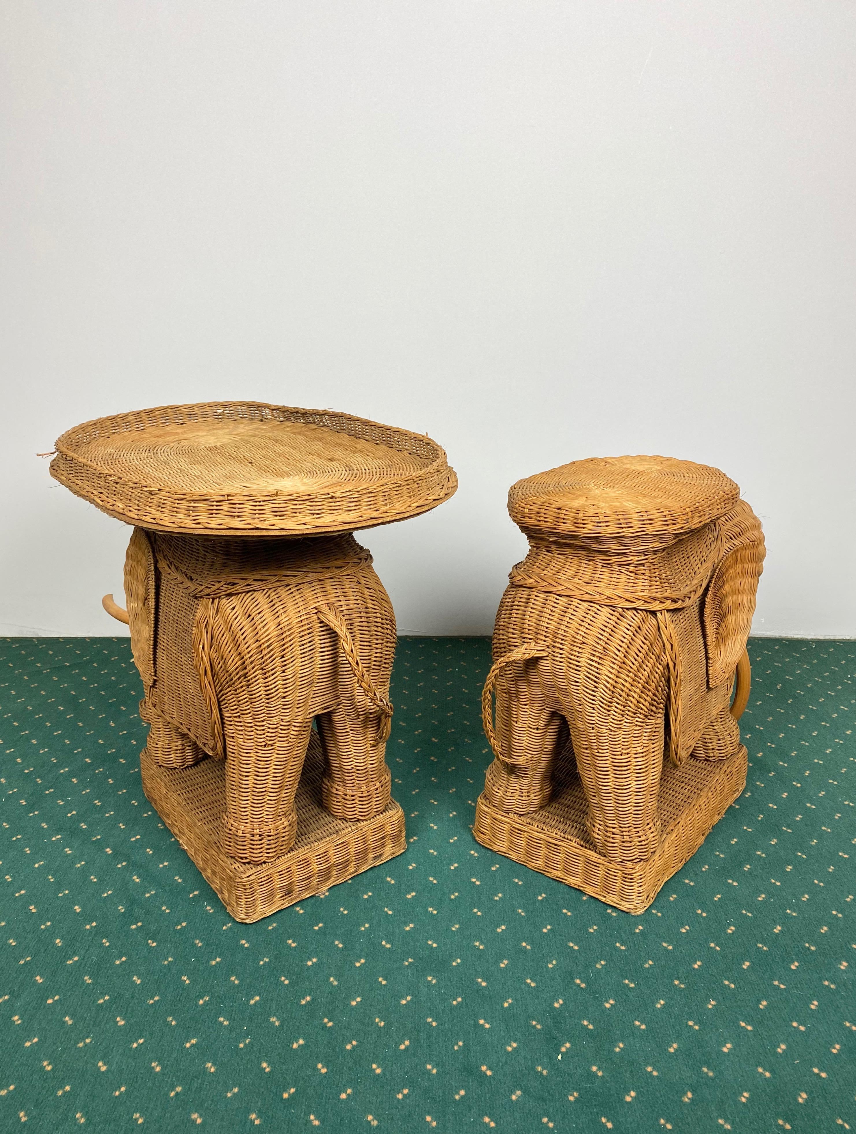 Pair of Rattan Wicker Elephant Tray Tables and Side Tables, France, 1960s 6