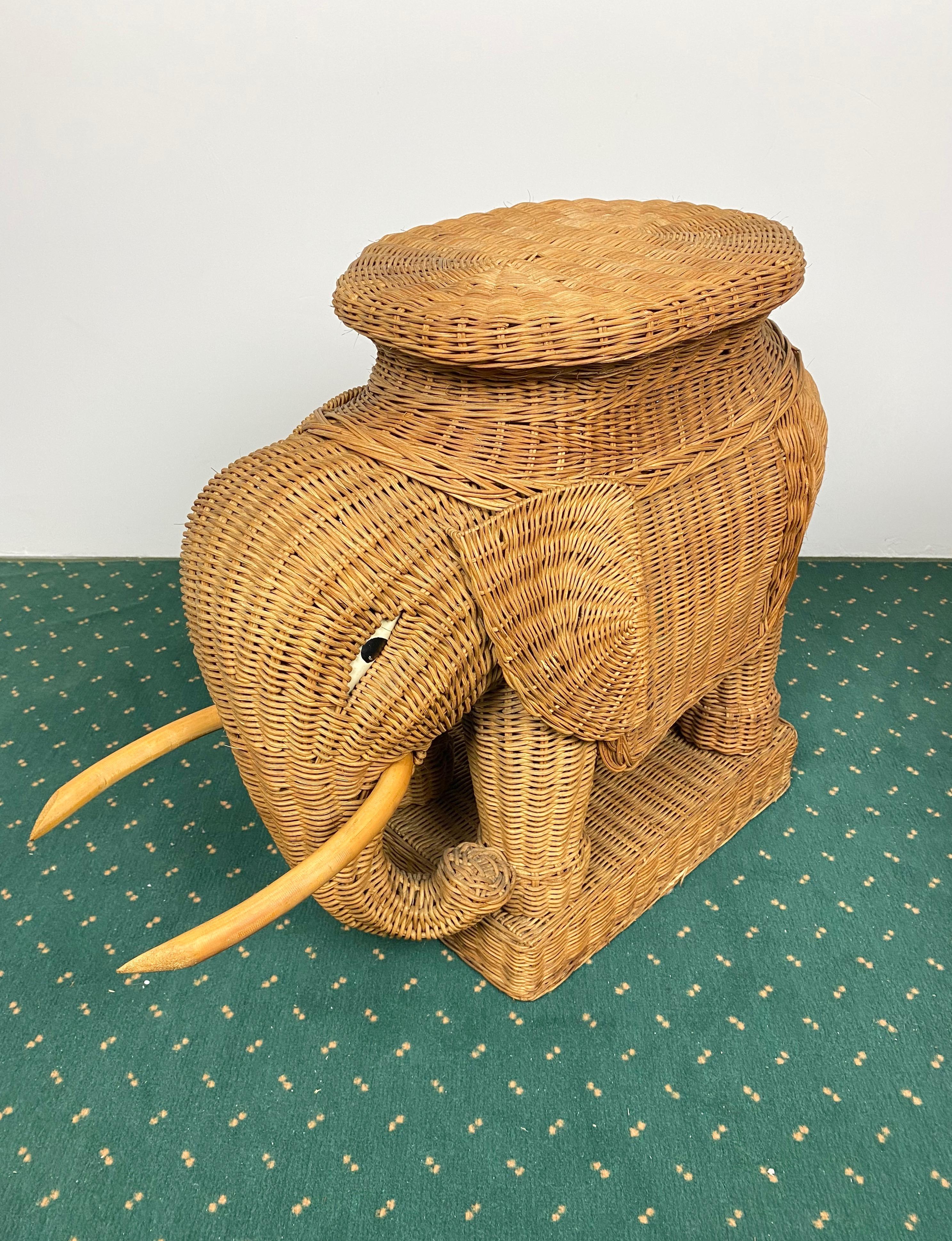 Pair of Rattan Wicker Elephant Tray Tables and Side Tables, France, 1960s 7