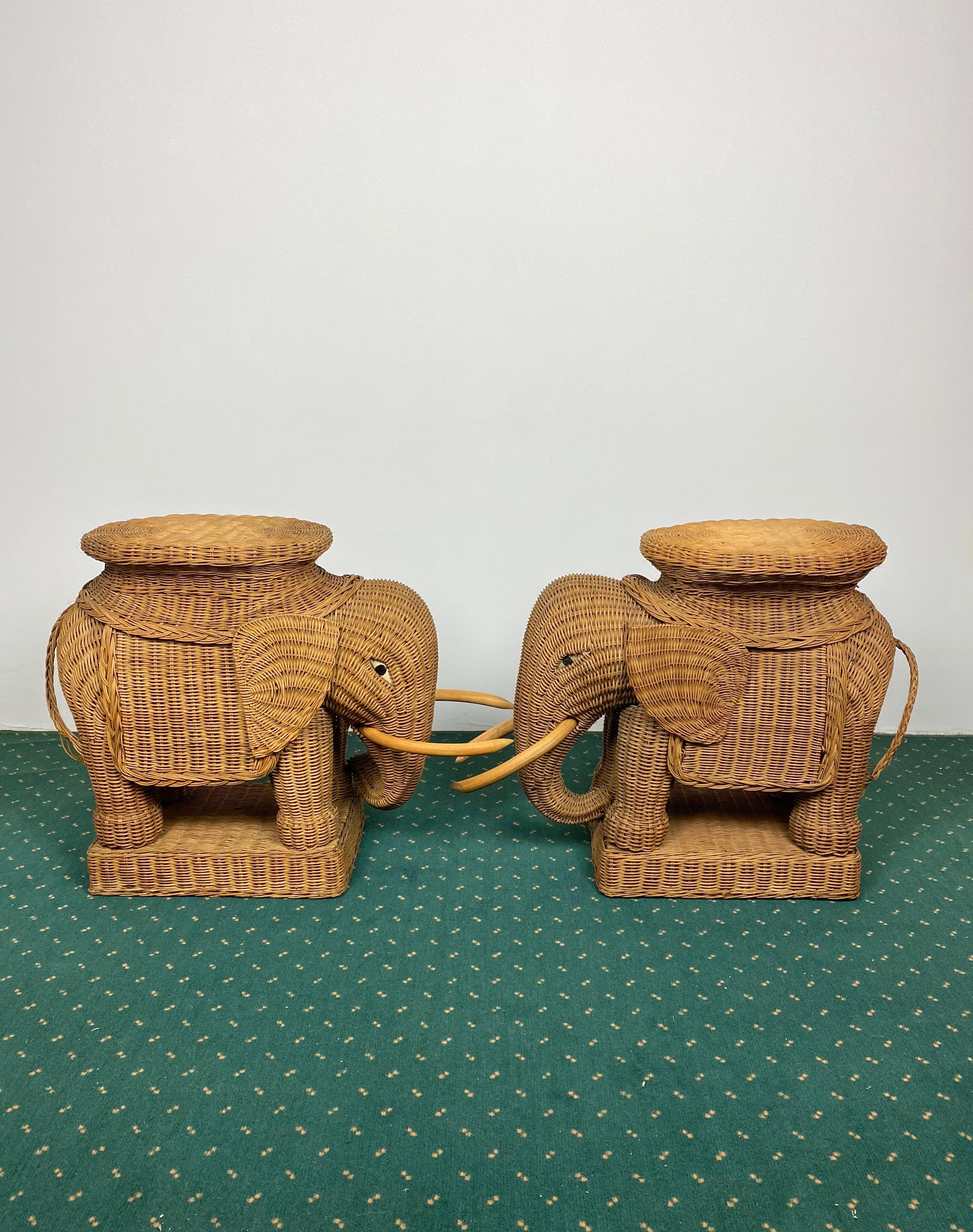 French Pair of Rattan Wicker Elephant Tray Tables and Side Tables, France, 1960s