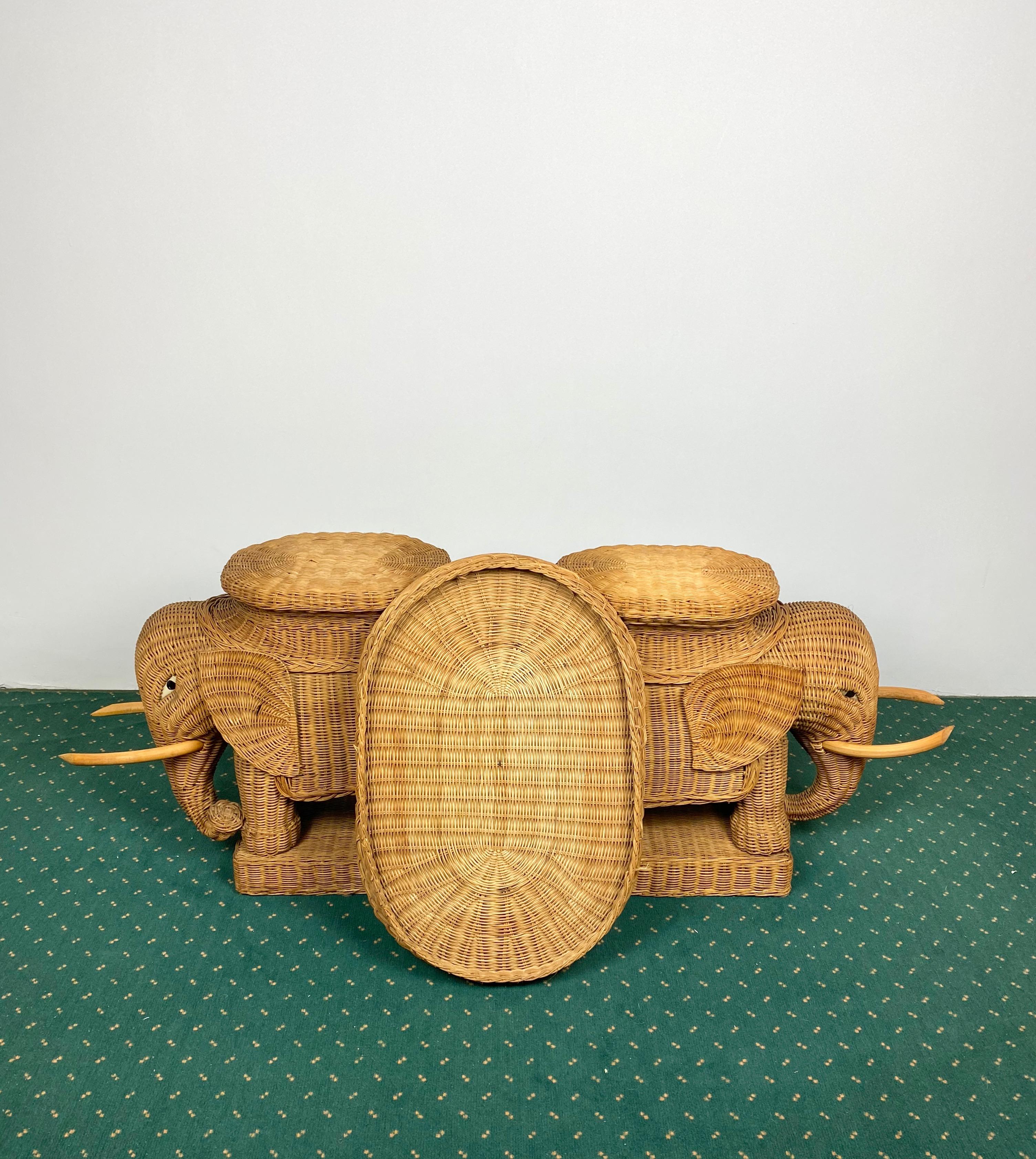 Pair of Rattan Wicker Elephant Tray Tables and Side Tables, France, 1960s 1