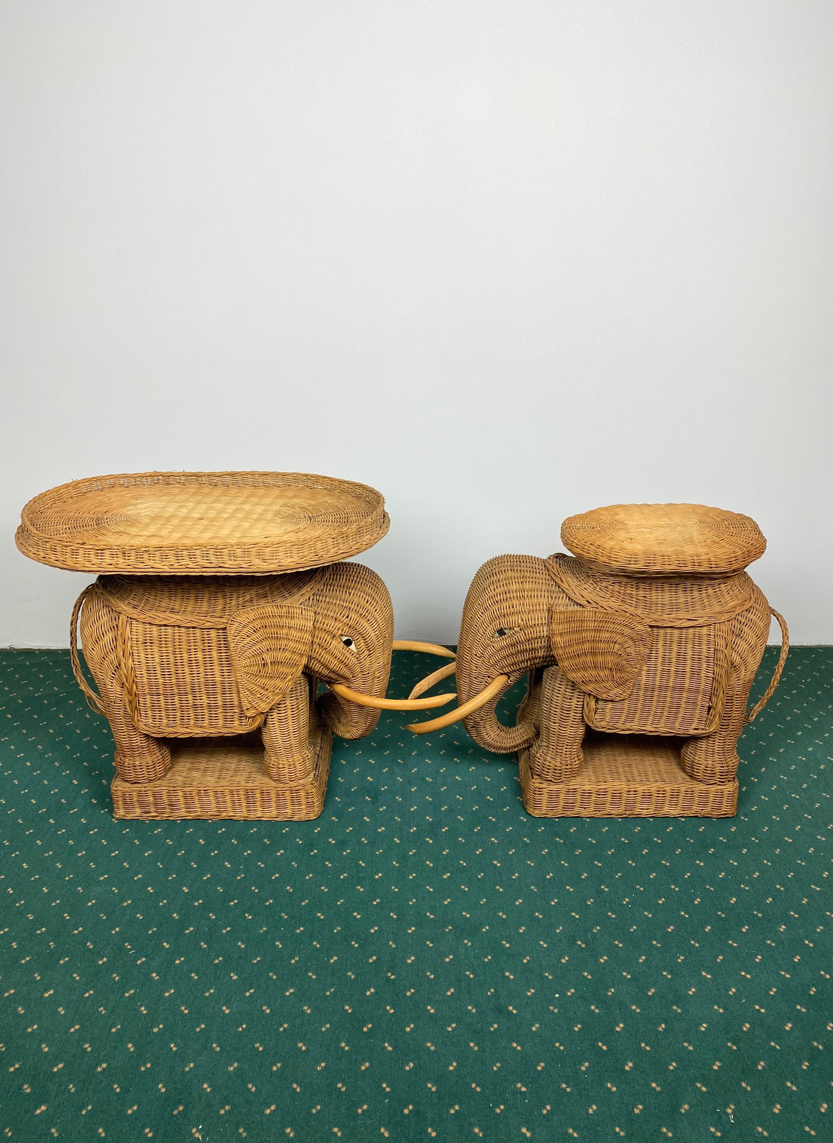 Pair of Rattan Wicker Elephant Tray Tables and Side Tables, France, 1960s 2