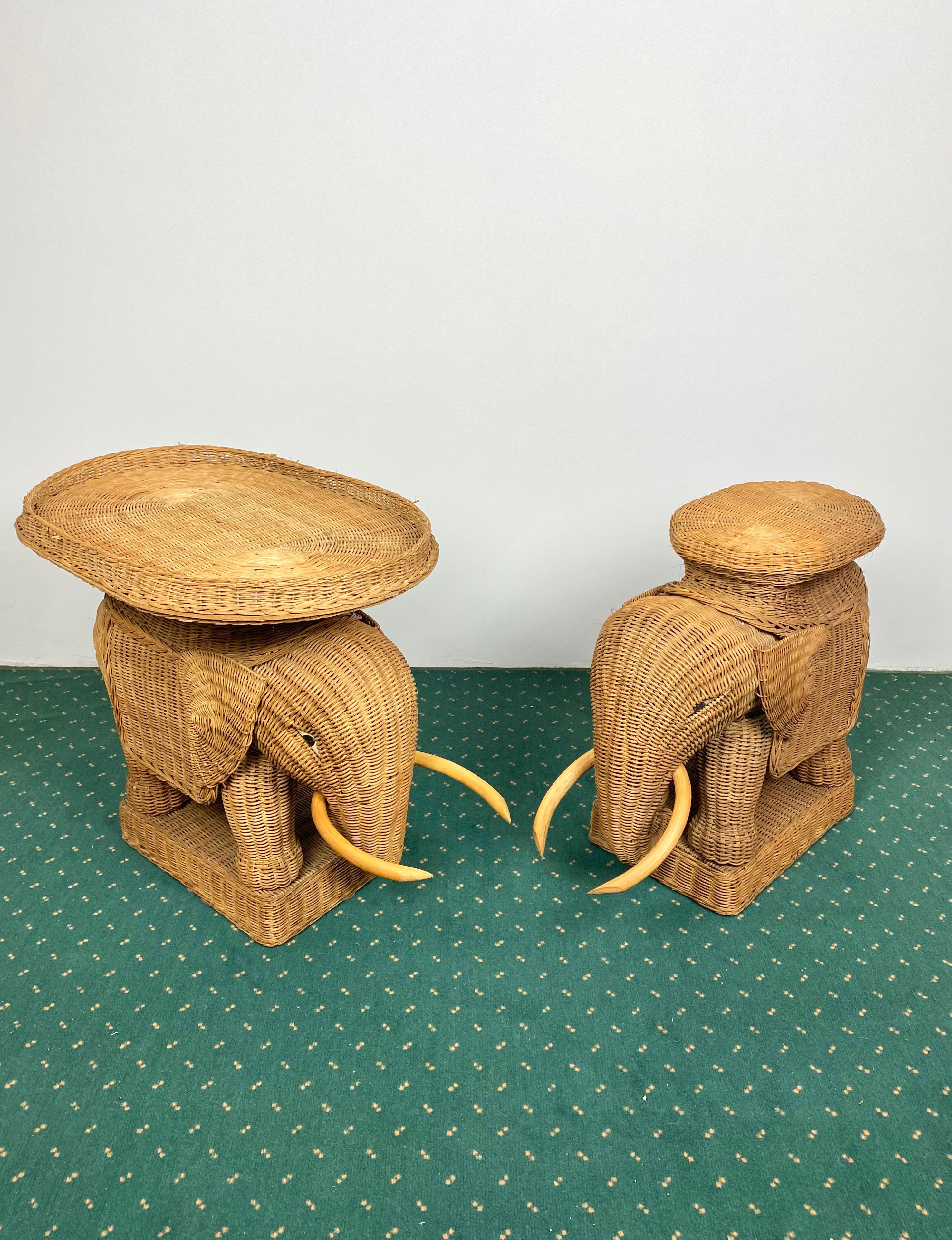 Pair of Rattan Wicker Elephant Tray Tables and Side Tables, France, 1960s 3