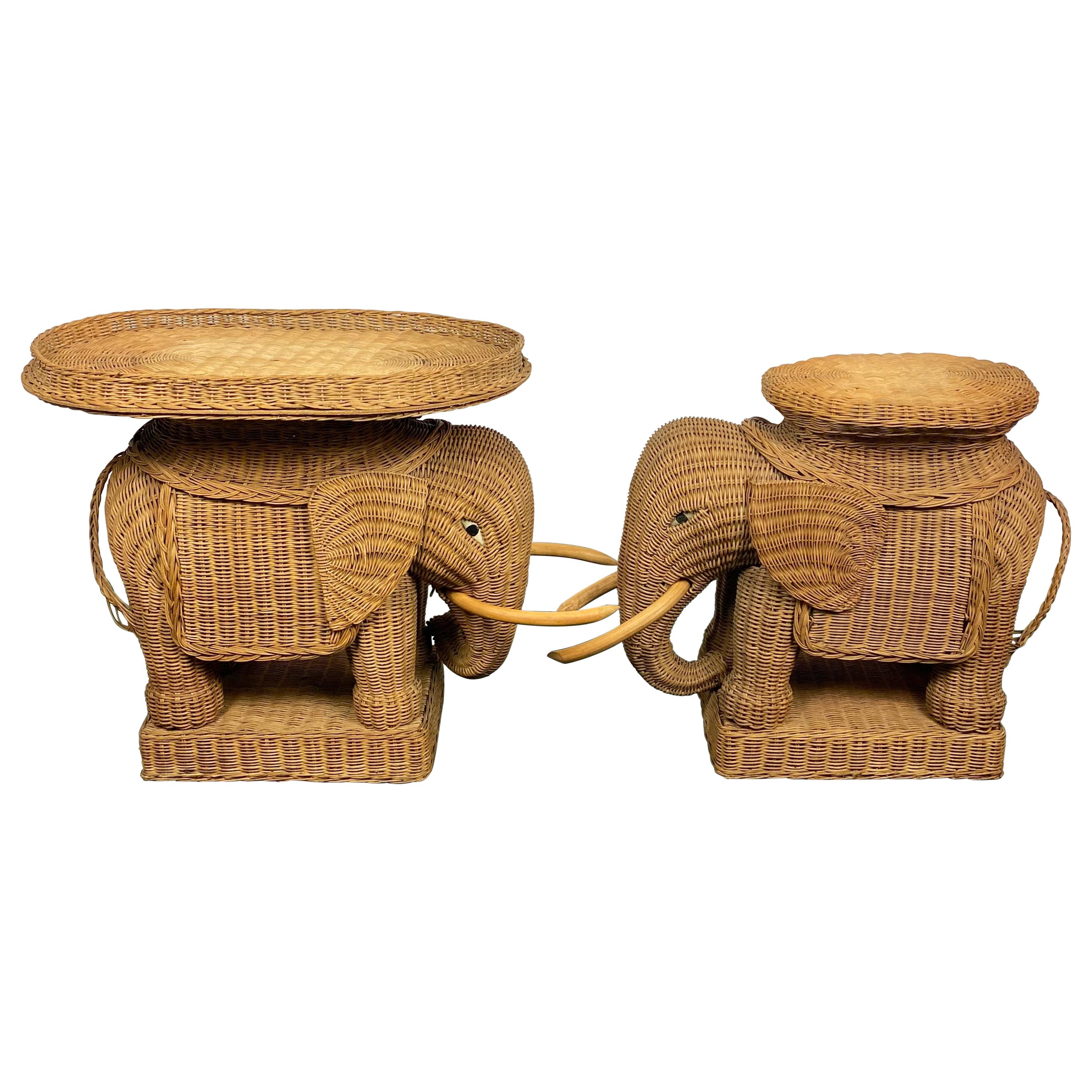 Pair of Rattan Wicker Elephant Tray Tables and Side Tables, France, 1960s