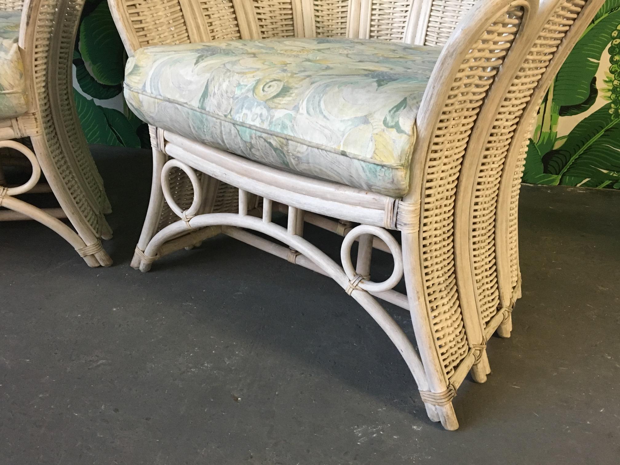 Pair of Rattan Wicker Peacock Fan Back Armchairs In Fair Condition In Jacksonville, FL