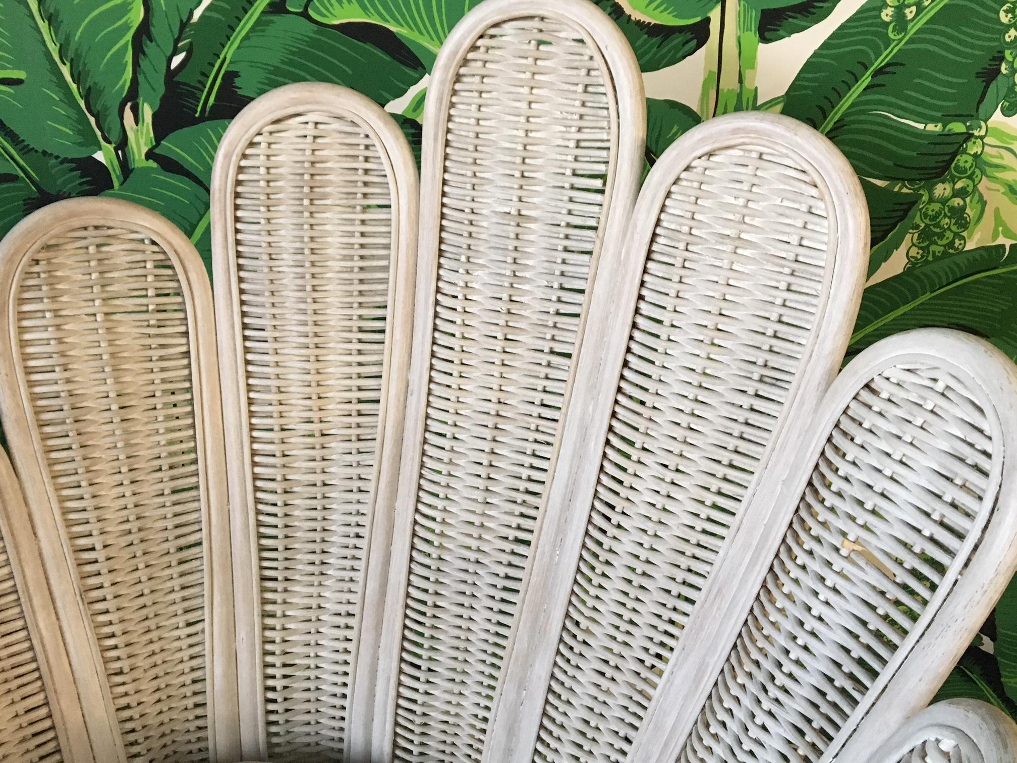 Late 20th Century Pair of Rattan Wicker Peacock Fan Back Armchairs