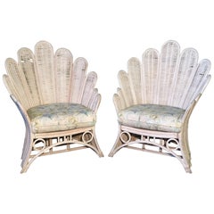 Pair of Rattan Wicker Peacock Fan Back Armchairs