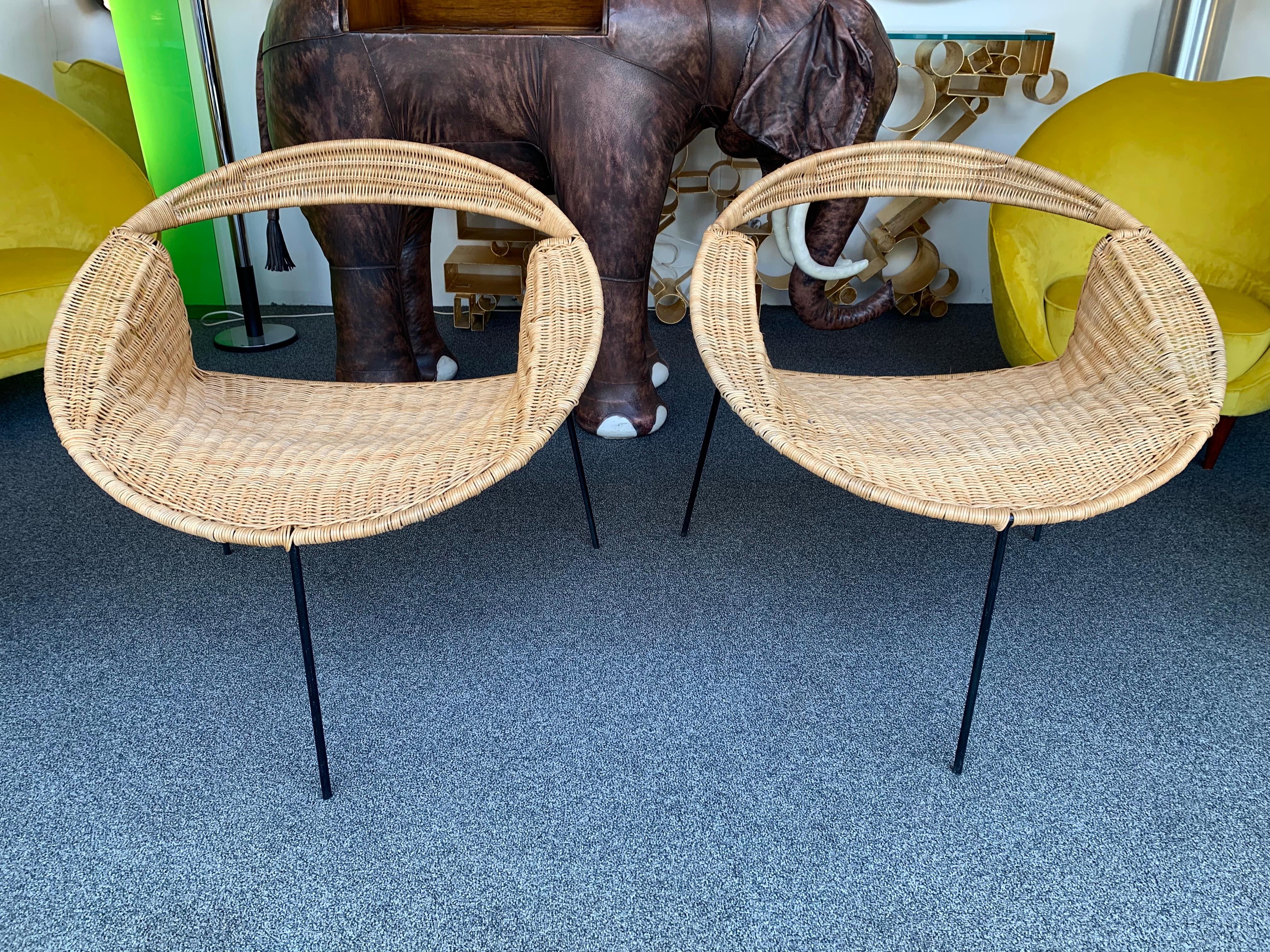 Pair of Rattan Wicker Saturn Armchairs by Gastone Rinaldi, Italy, 1950s 2