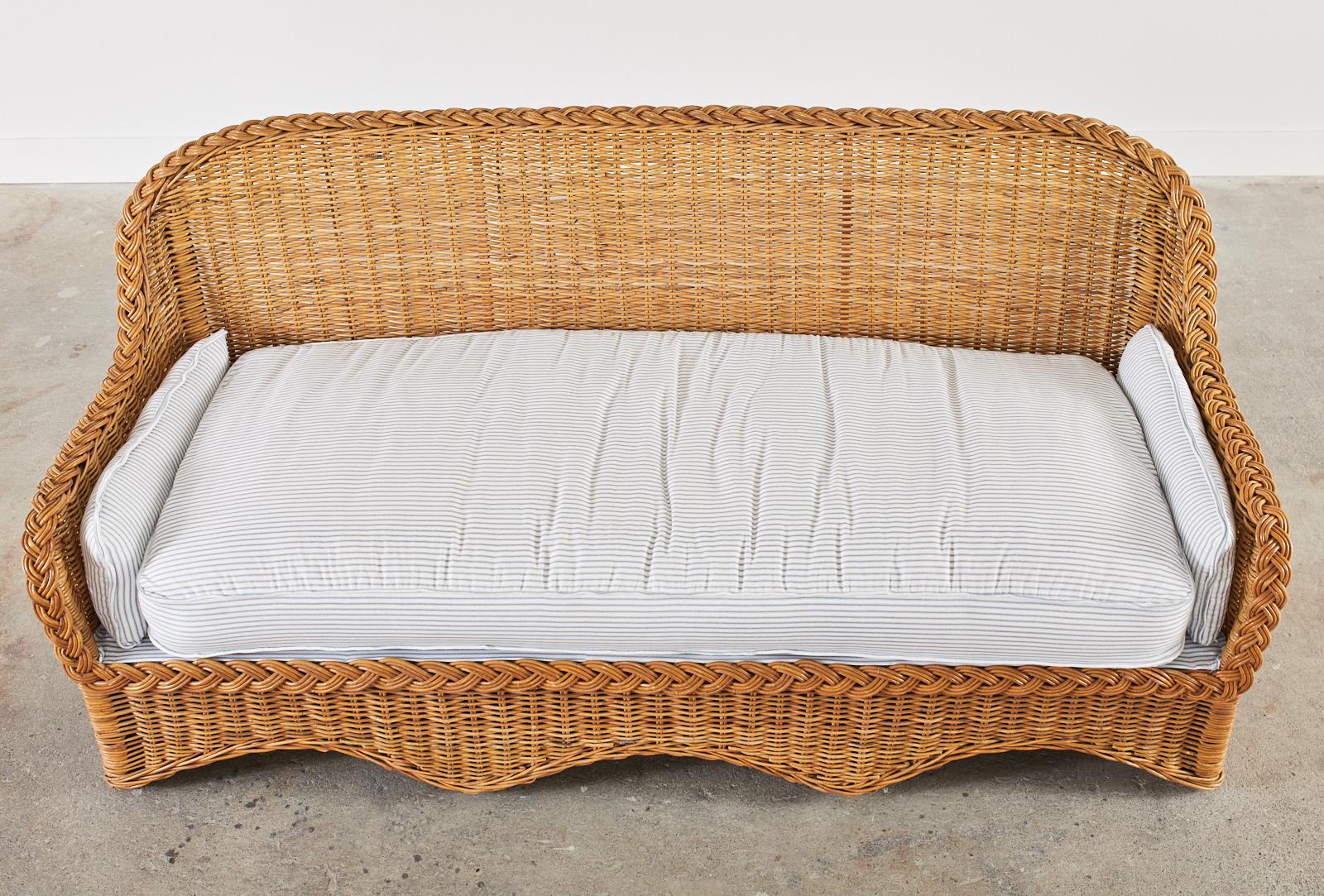Pair of Rattan Wicker Sofas with Blue and White French Ticking  5