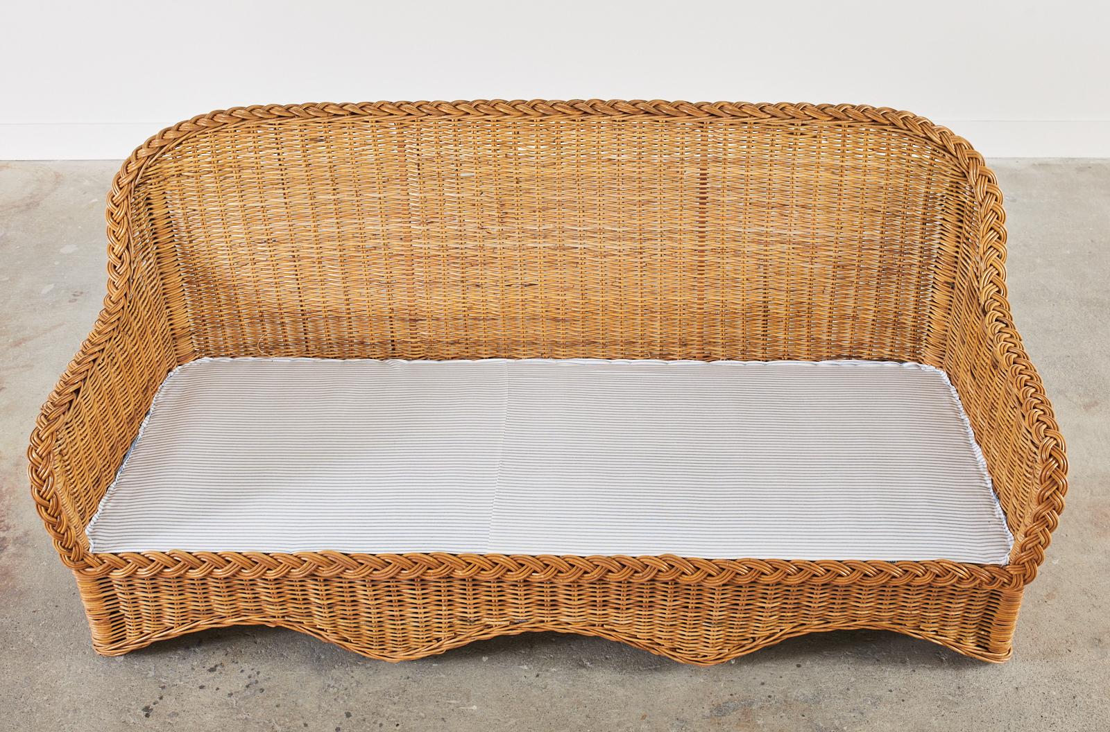 Pair of Rattan Wicker Sofas with Blue and White French Ticking  6