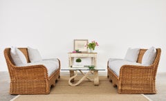 Pair of Rattan Wicker Sofas with Blue and White French Ticking