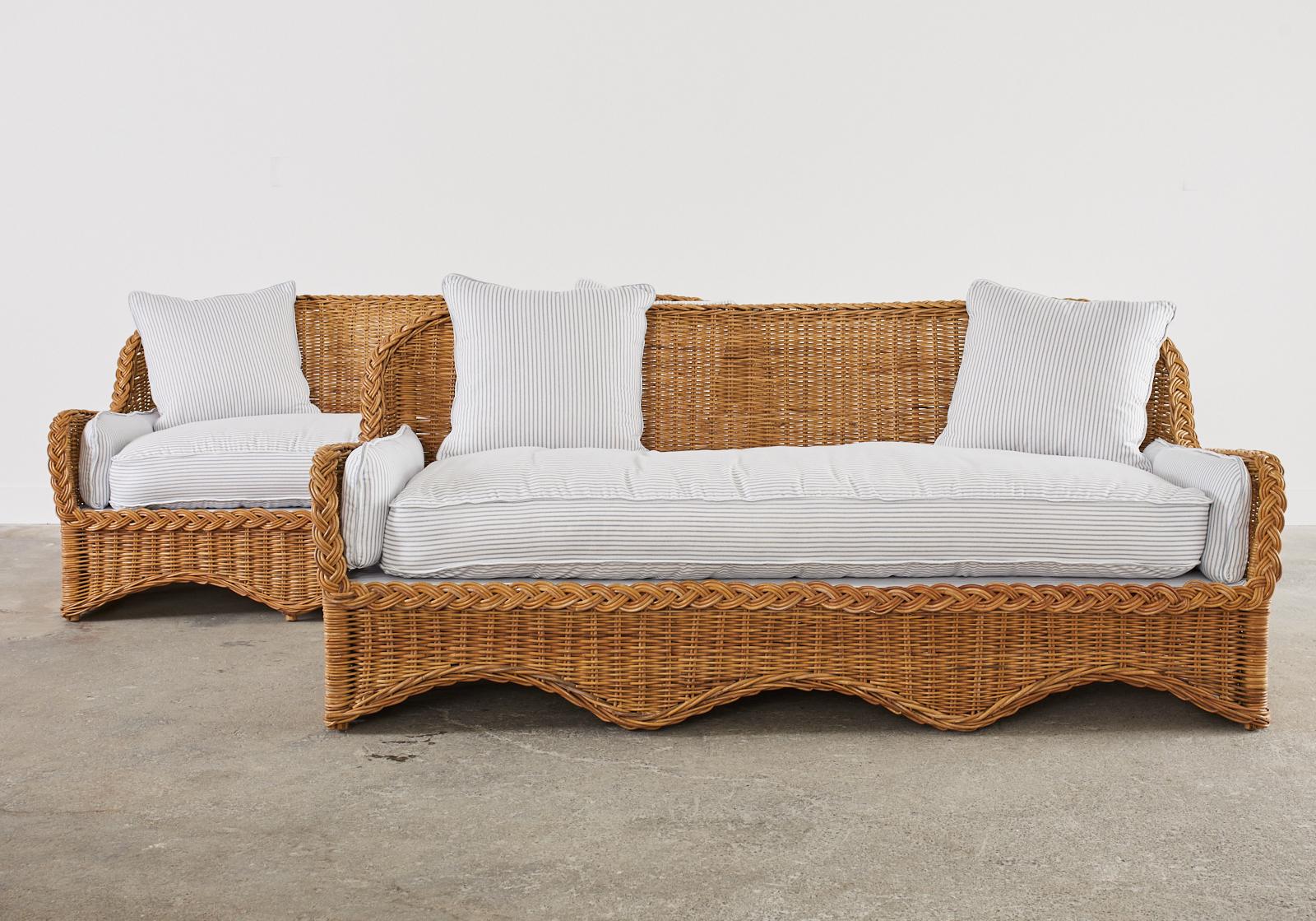 Organic Modern Pair of Rattan Wicker Sofas with Blue and White French Ticking 