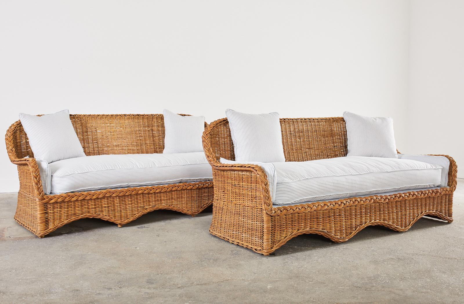 American Pair of Rattan Wicker Sofas with Blue and White French Ticking 