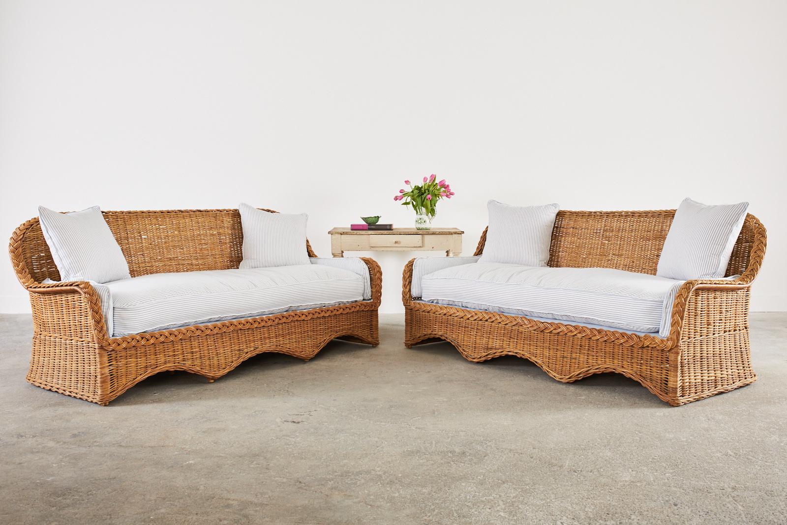 Hand-Crafted Pair of Rattan Wicker Sofas with Blue and White French Ticking 