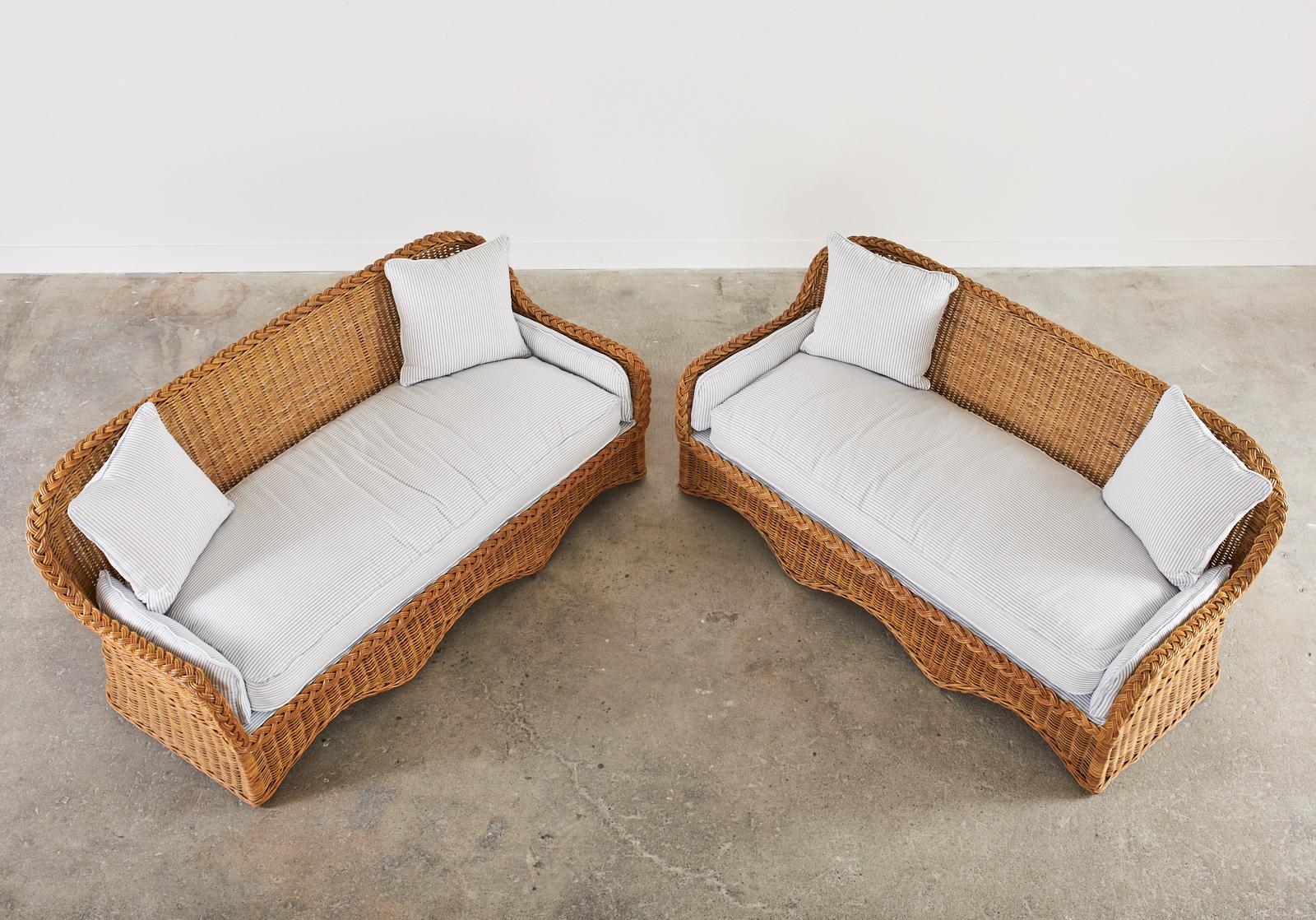 Pair of Rattan Wicker Sofas with Blue and White French Ticking  In Good Condition In Rio Vista, CA