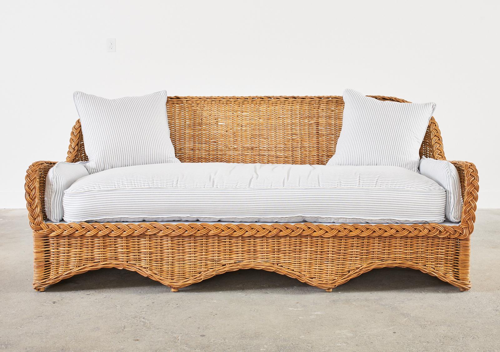 20th Century Pair of Rattan Wicker Sofas with Blue and White French Ticking 