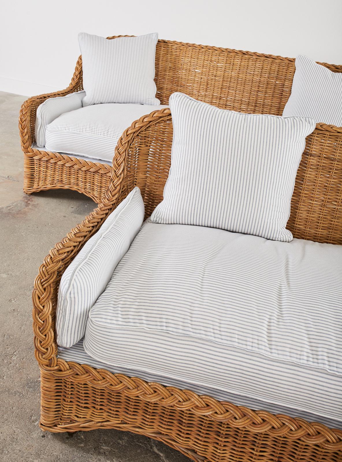 Pair of Rattan Wicker Sofas with Blue and White French Ticking  1