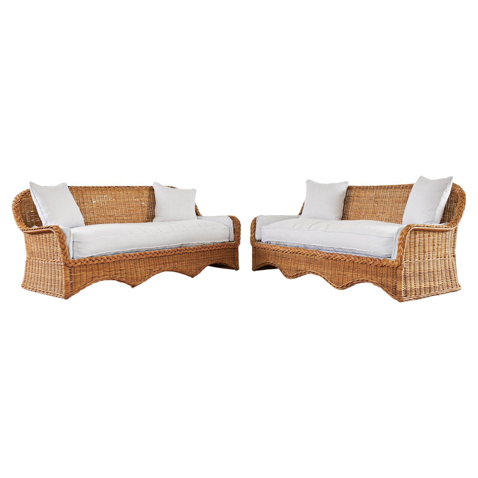 Pair of Rattan Wicker Sofas with Blue and White French Ticking 