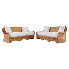 Pair of Rattan Wicker Sofas with Blue and White French Ticking 