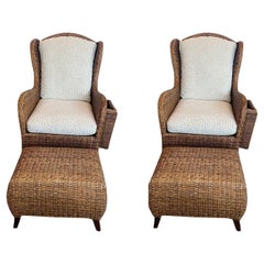 Vintage Pair of Rattan Wingback Chairs & Ottomans, France, 1940's