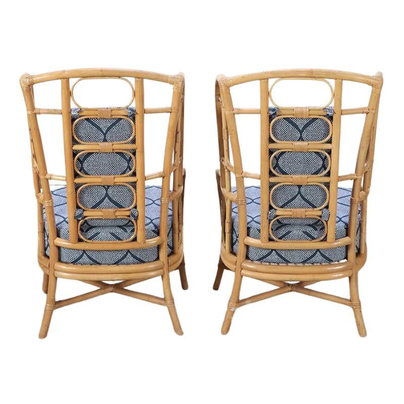 Pair of Rattan Wingback Chairs With Geometric Blue Fabric In Good Condition For Sale In Locust Valley, NY
