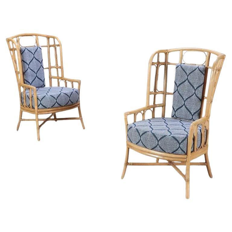 Pair of Rattan Wingback Chairs With Geometric Blue Fabric For Sale