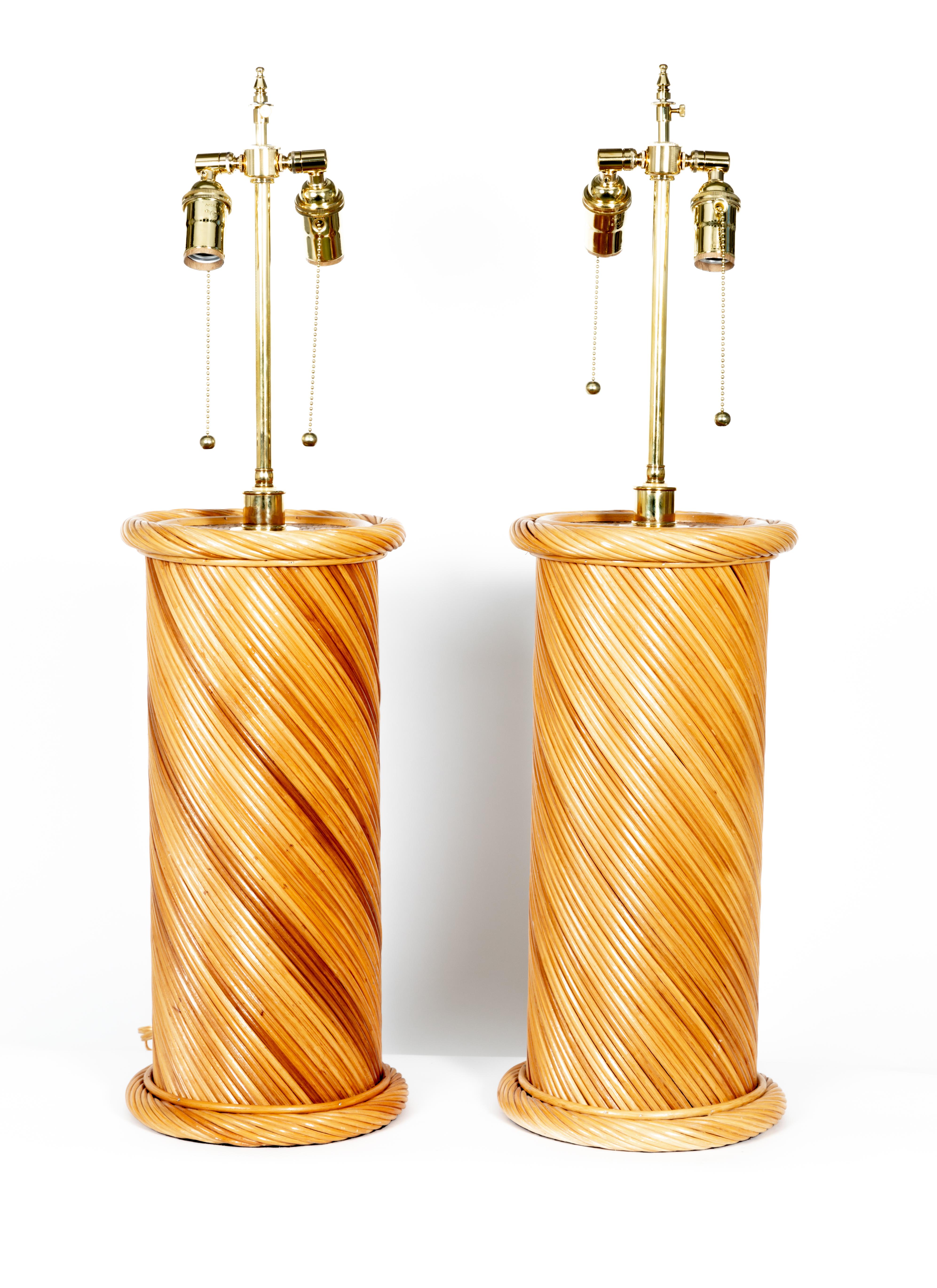 American Pair of Rattan Woven Table Lamps with Brass Detail