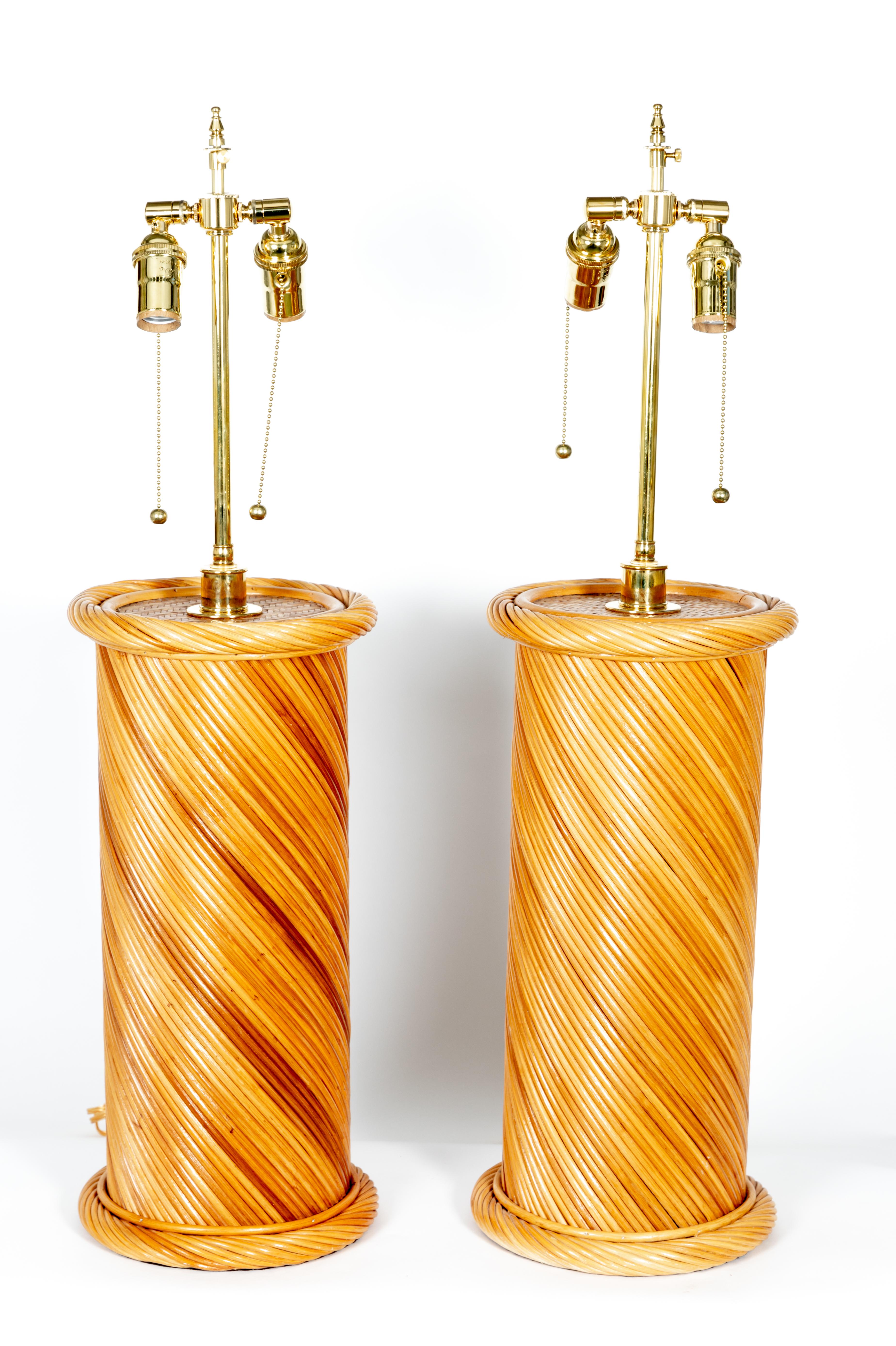 Hand-Woven Pair of Rattan Woven Table Lamps with Brass Detail