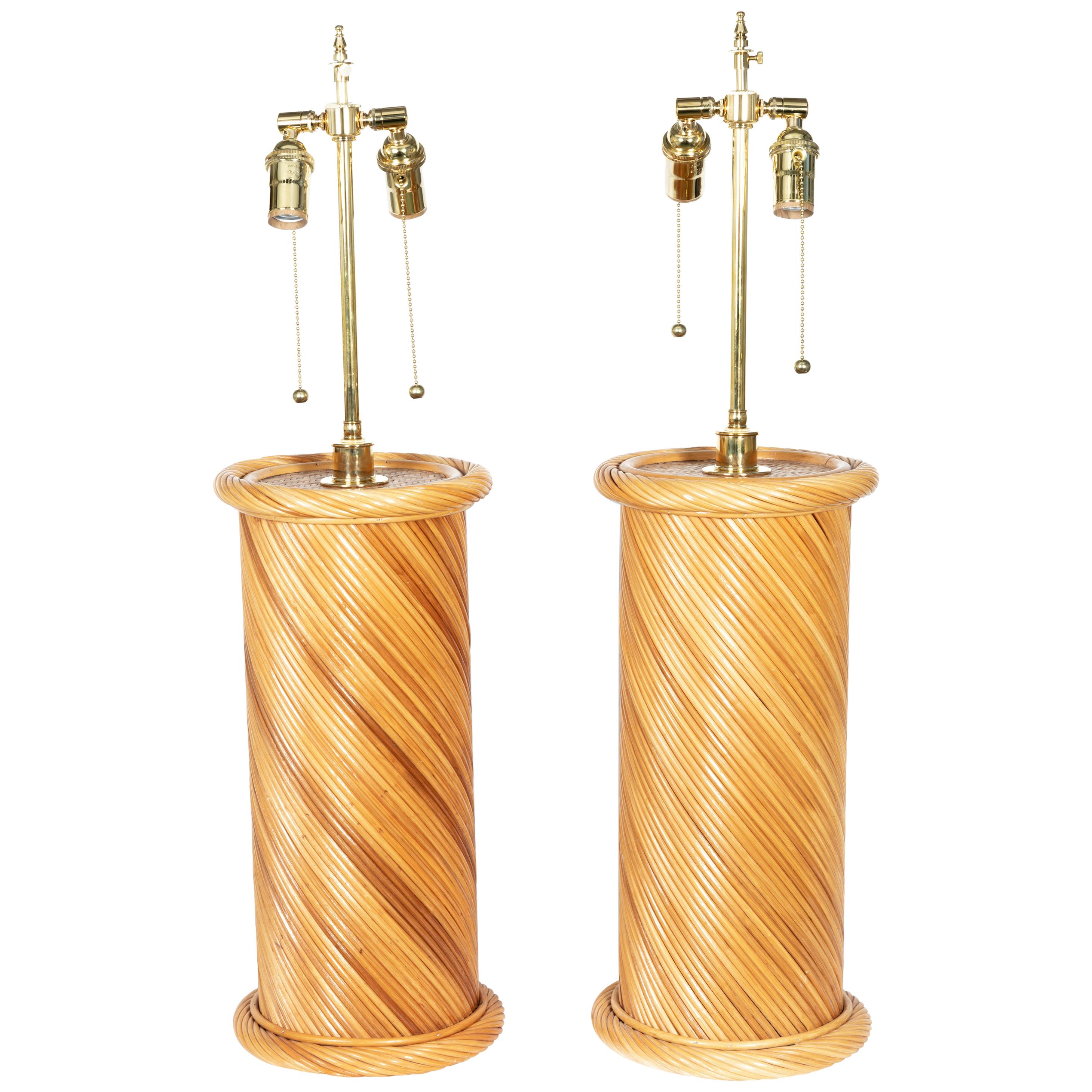 Pair of Rattan Woven Table Lamps with Brass Detail