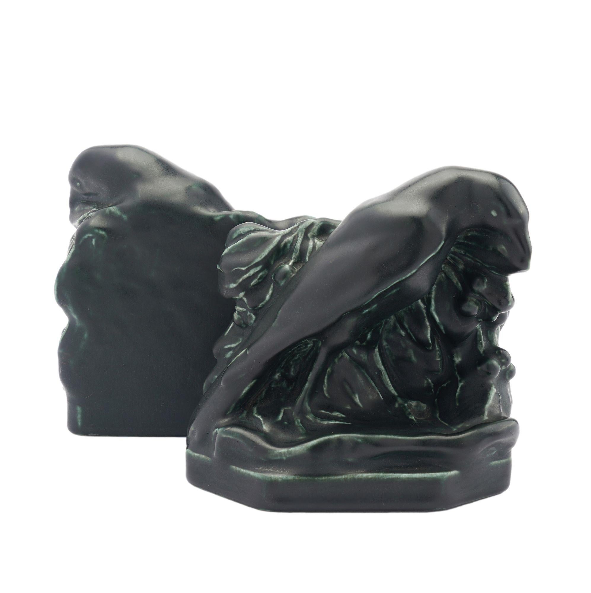 Ceramic Pair of raven bookends by Rookwood, 1929