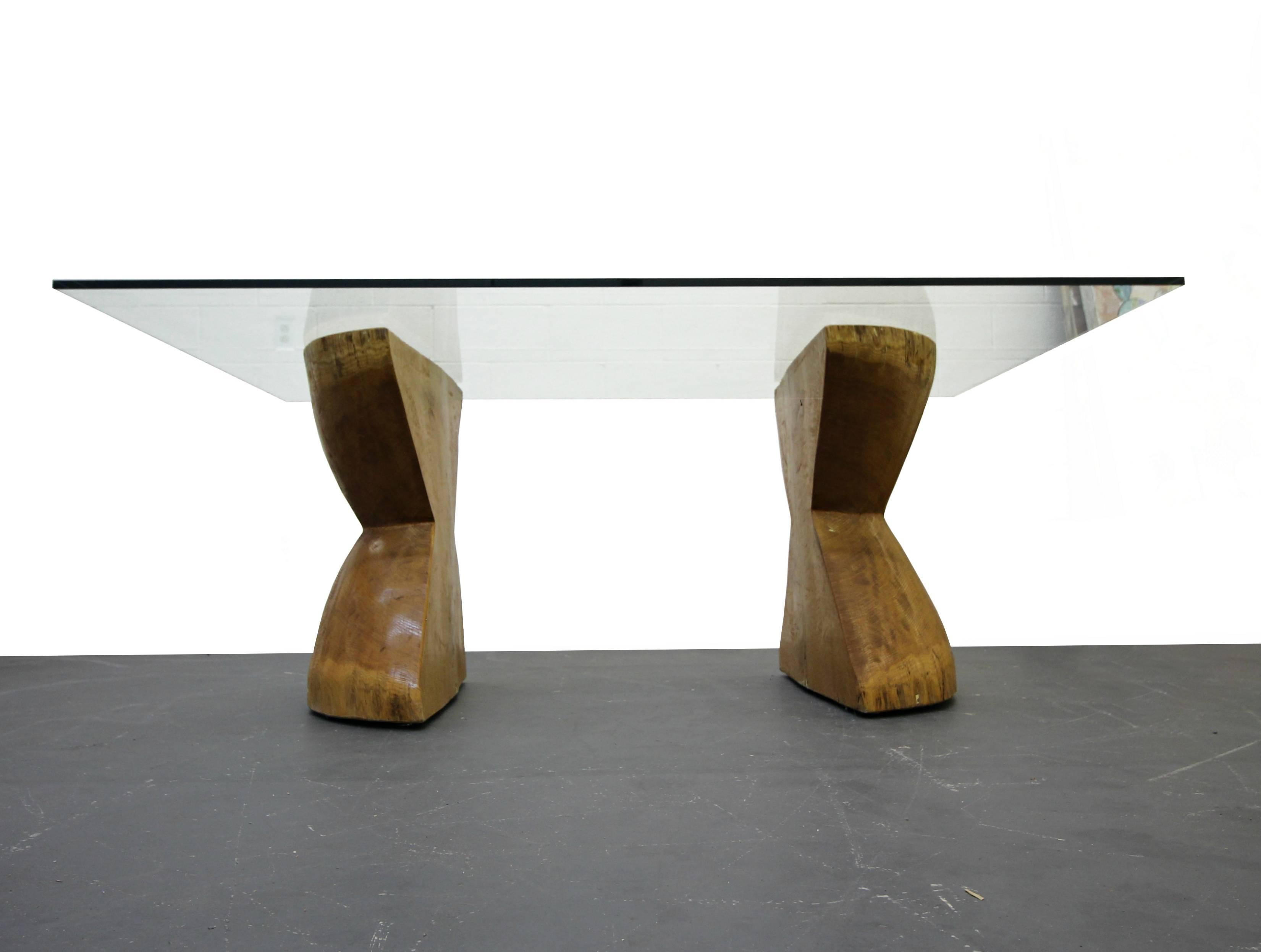 Minimalist Pair of Raw Live Edge Wood Hourglass Dining Table Pedestals For Sale