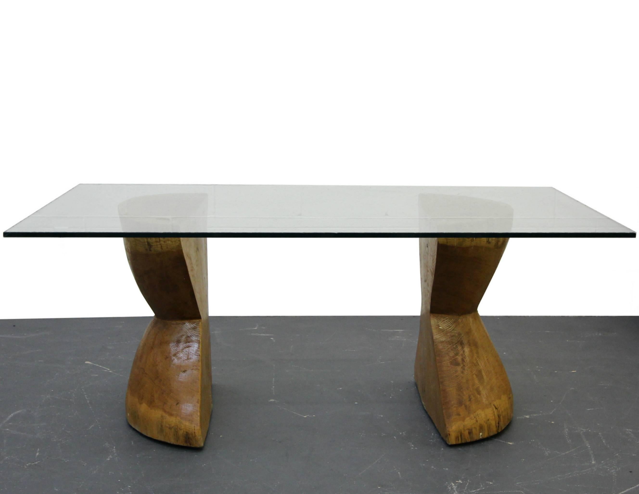 Pair Of Raw Live Edge Wood Hourglass Dining Table Pedestals For