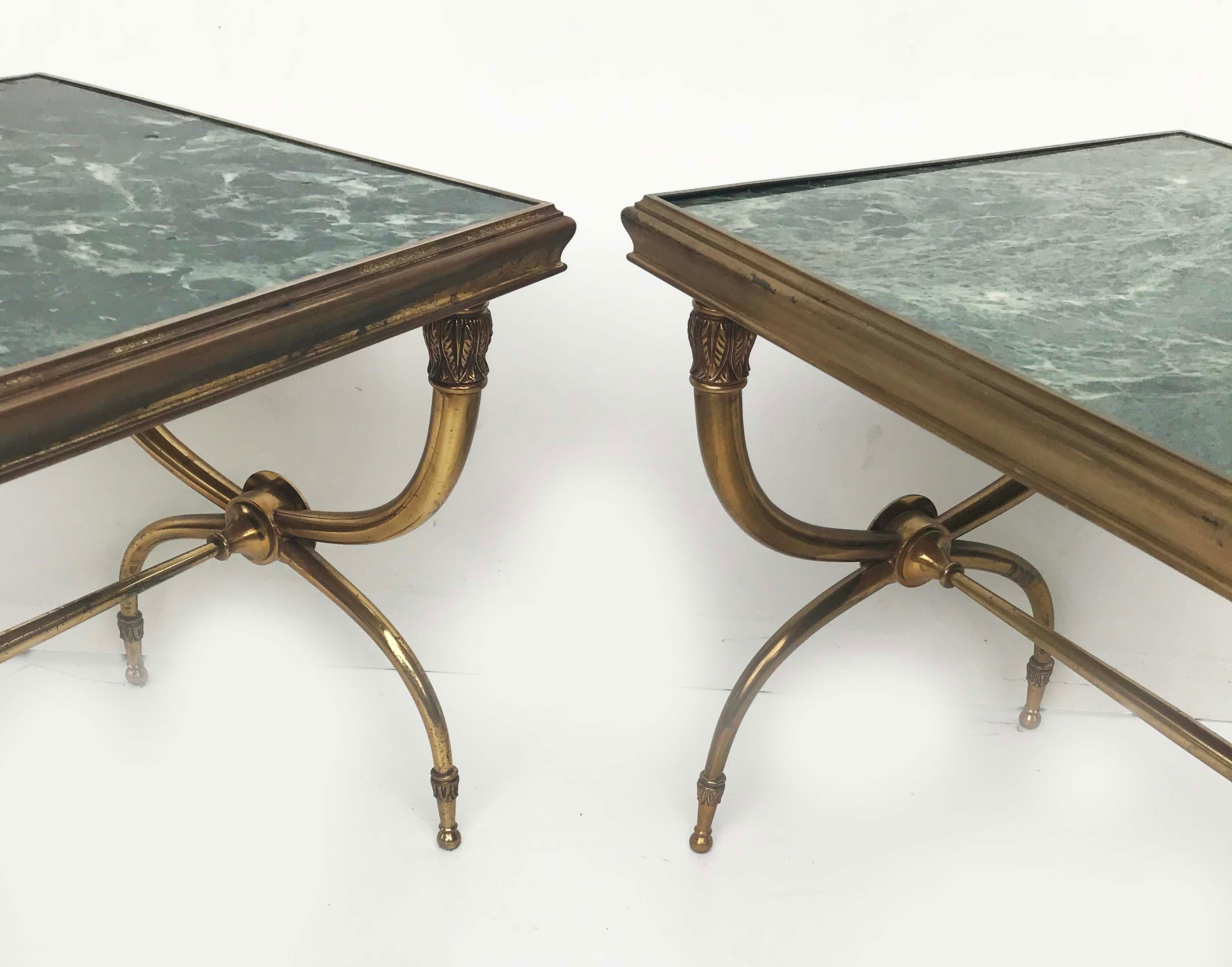 Superb and rare Raymond Subes attributed pair of Coffee tables, brass, bronze and vert mer marble.
Totally restored and refinished.
